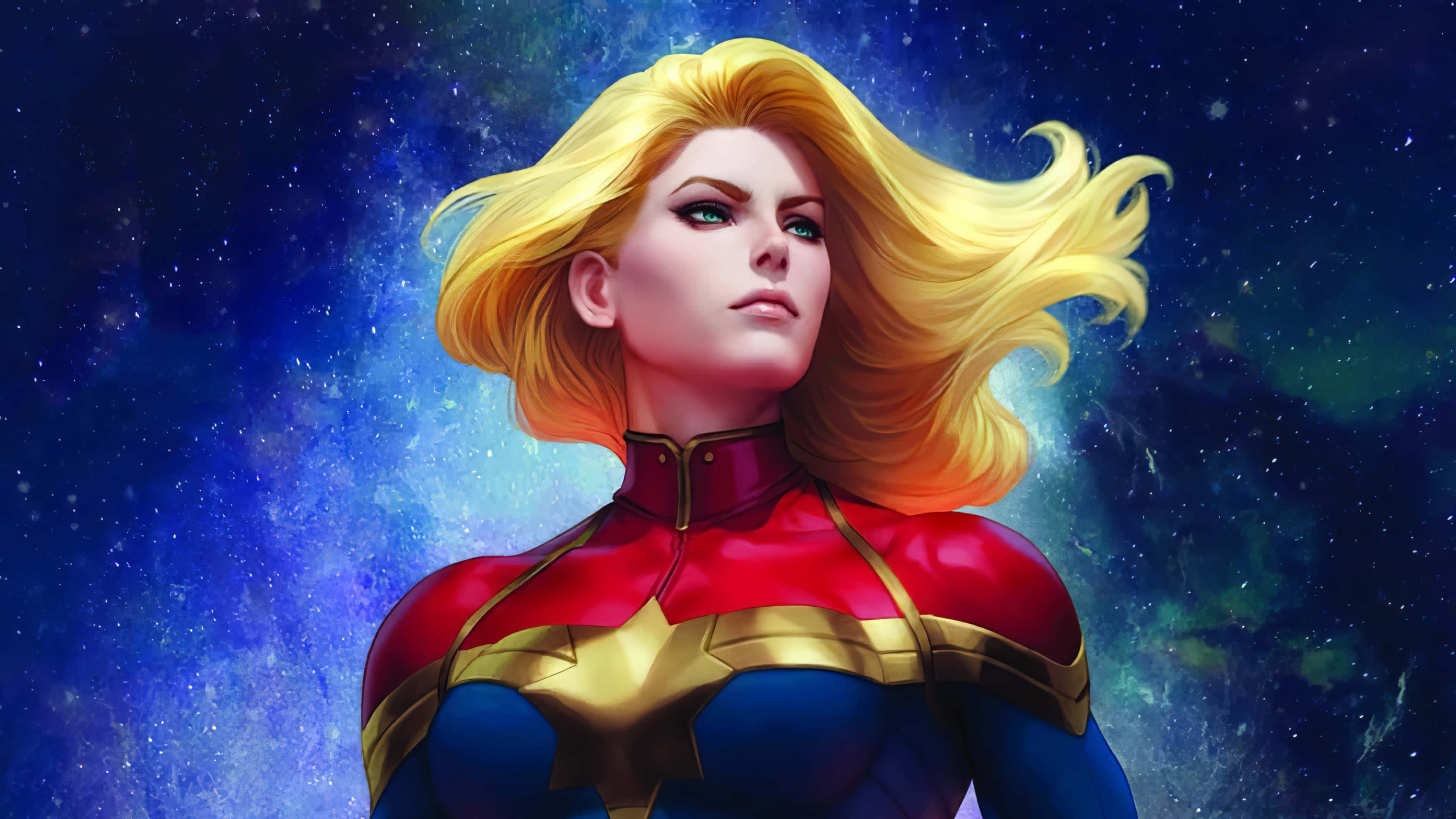 Captain Marvel, cosmic backdrop, swirling nebulae, 4K Desktop Wallpaper