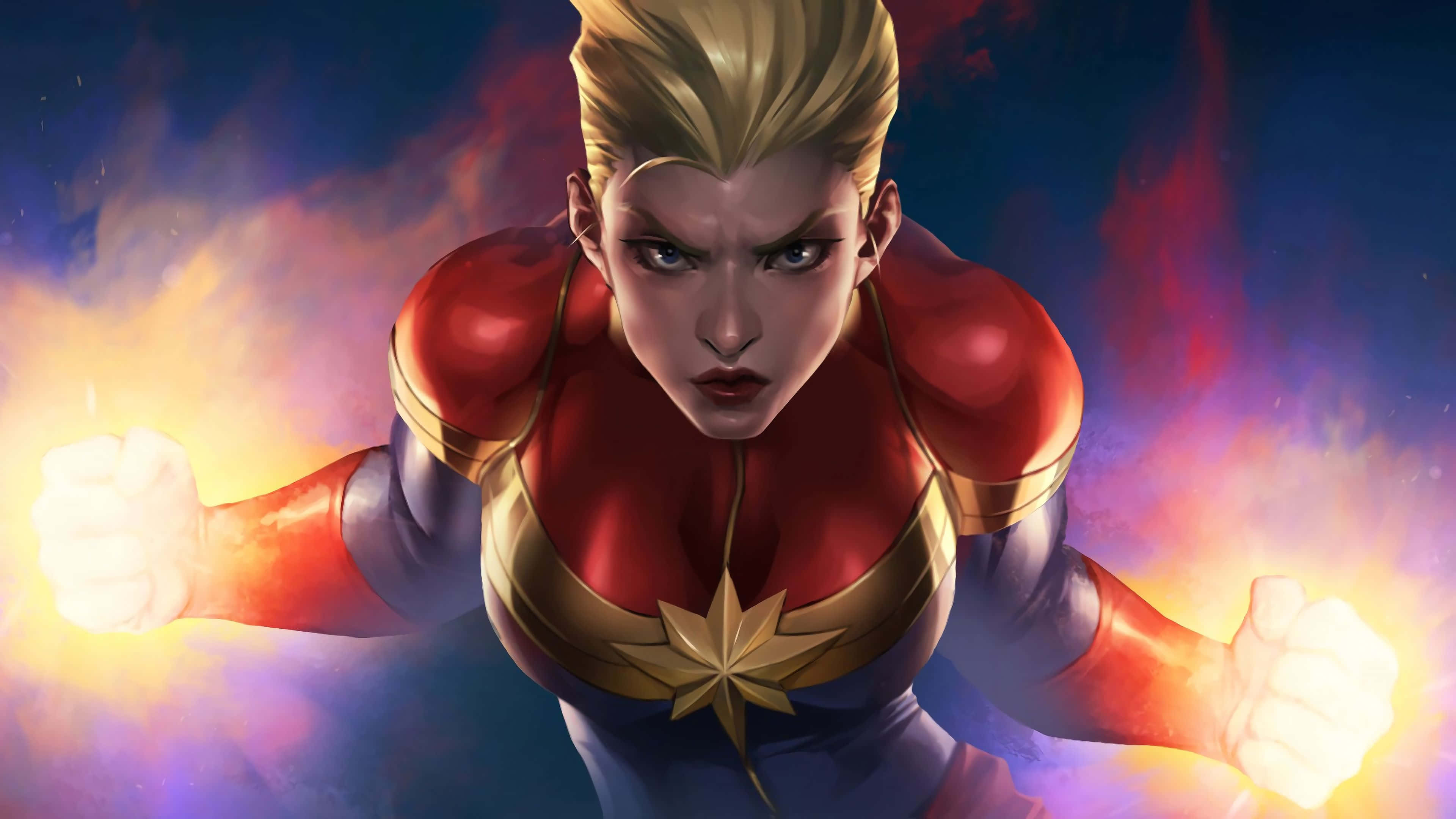 Captain Marvel, red and blue suit, gold star emblem, 4K Desktop Wallpaper