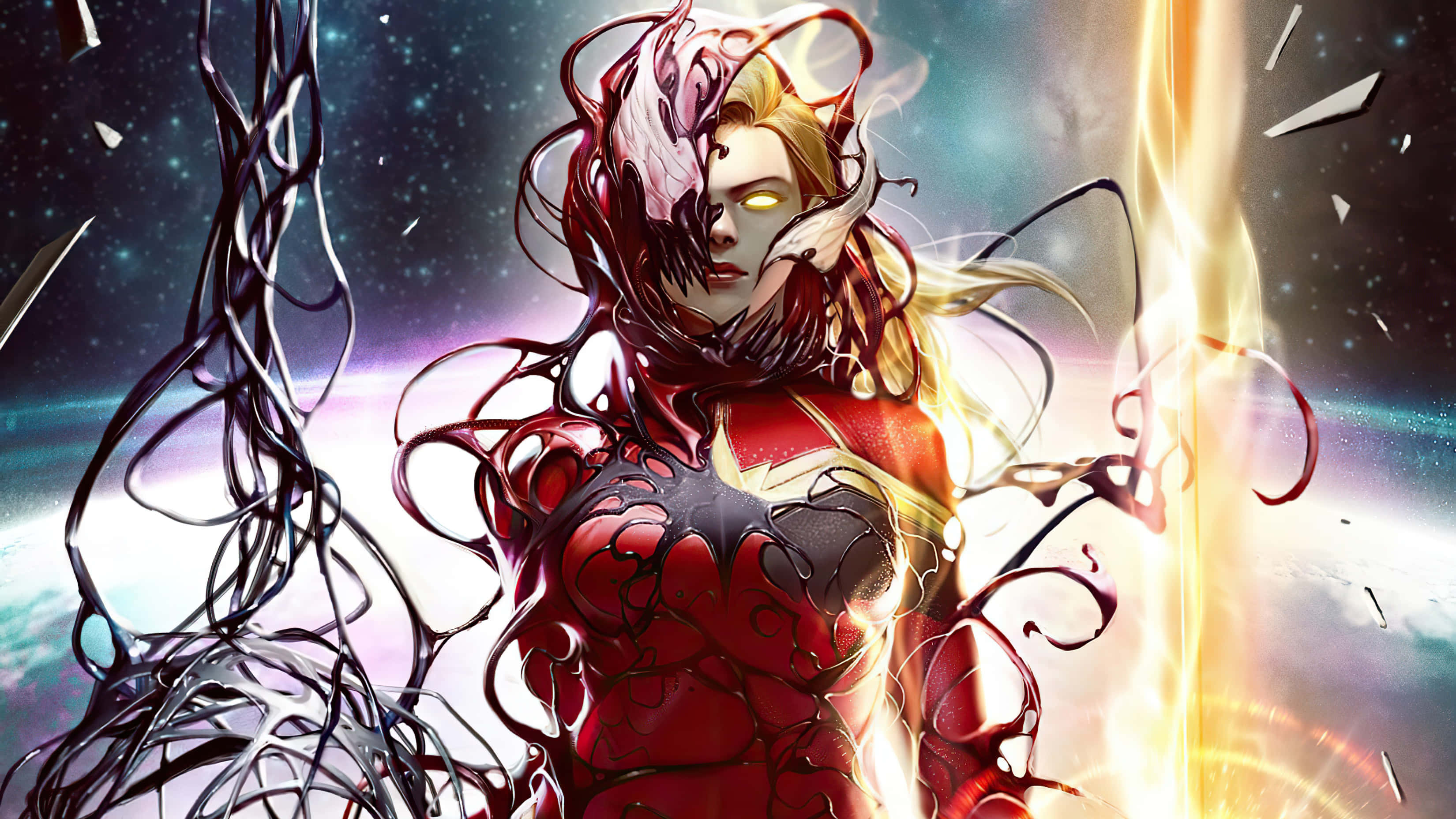 Captain Marvel, red armor, glowing eyes, 2K Desktop Wallpaper