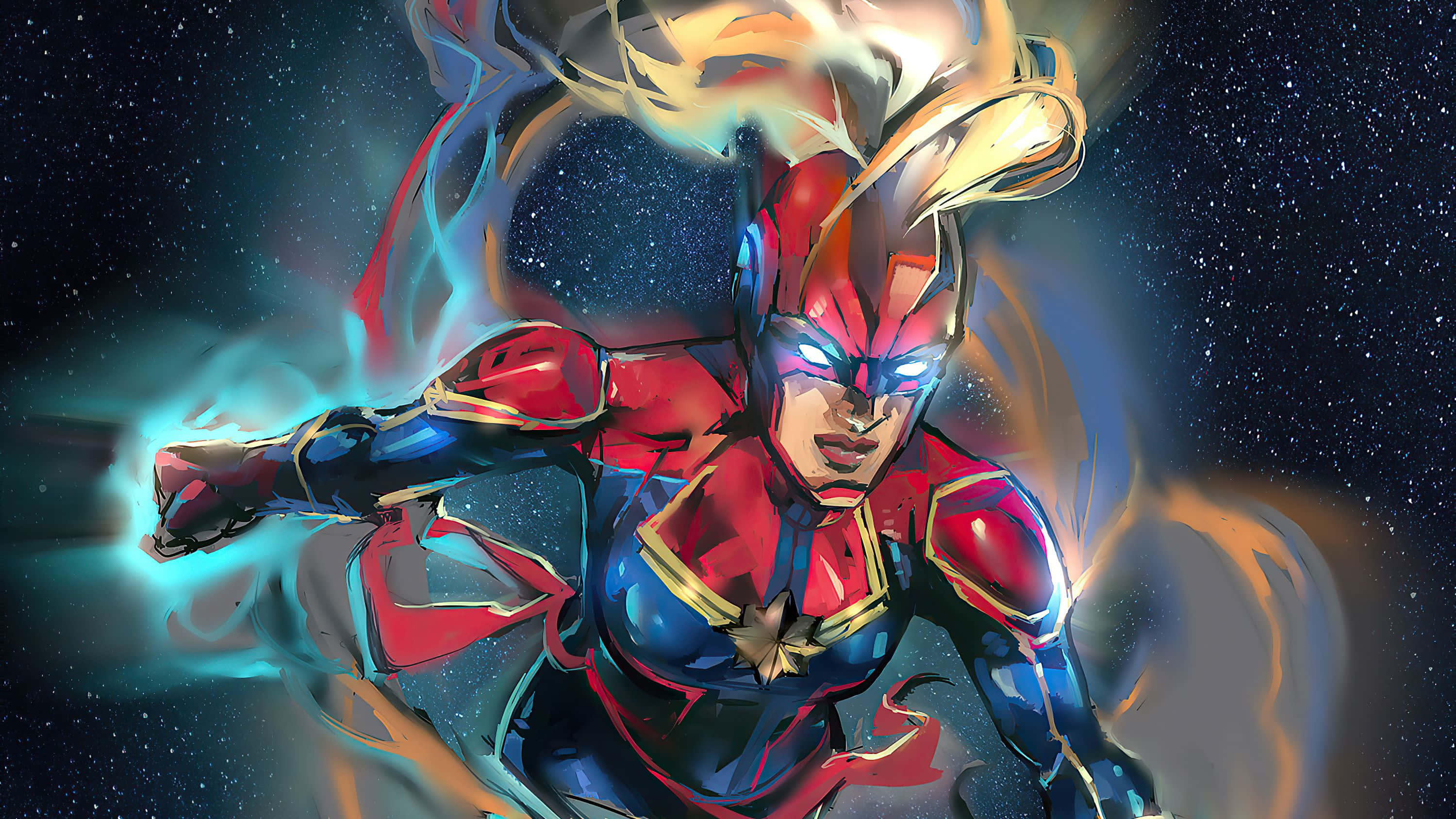 Captain Marvel, red blue and gold suit, starry space, 2K Desktop Wallpaper