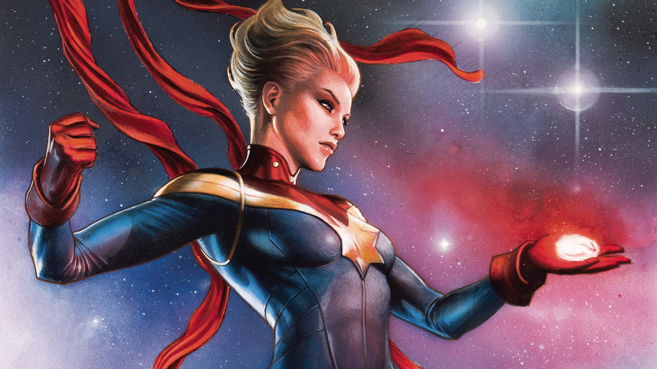 Captain Marvel, glowing orb, red cape, 2K Desktop Wallpaper