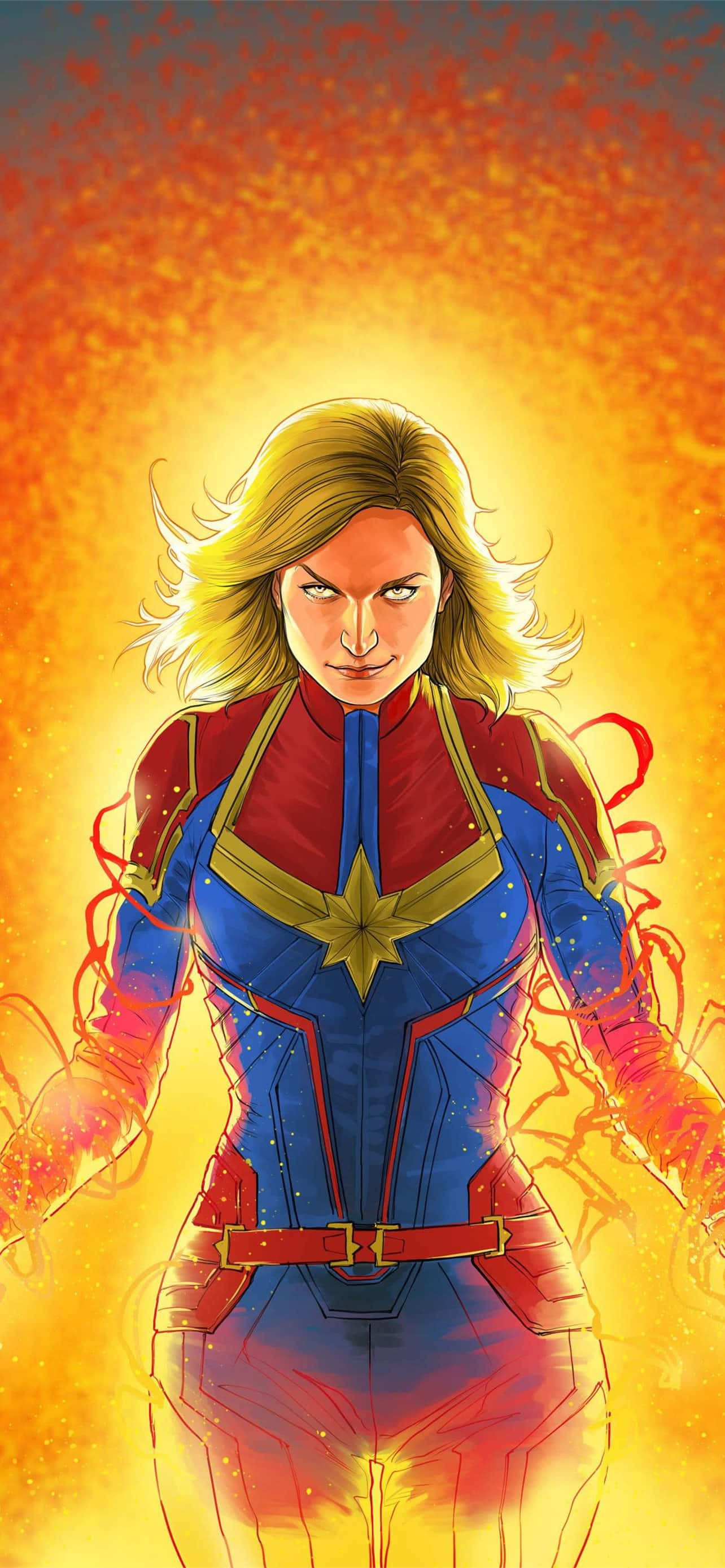 Captain Marvel, power aura, radiant orange and yellow cosmic background, 2K Phone Wallpaper