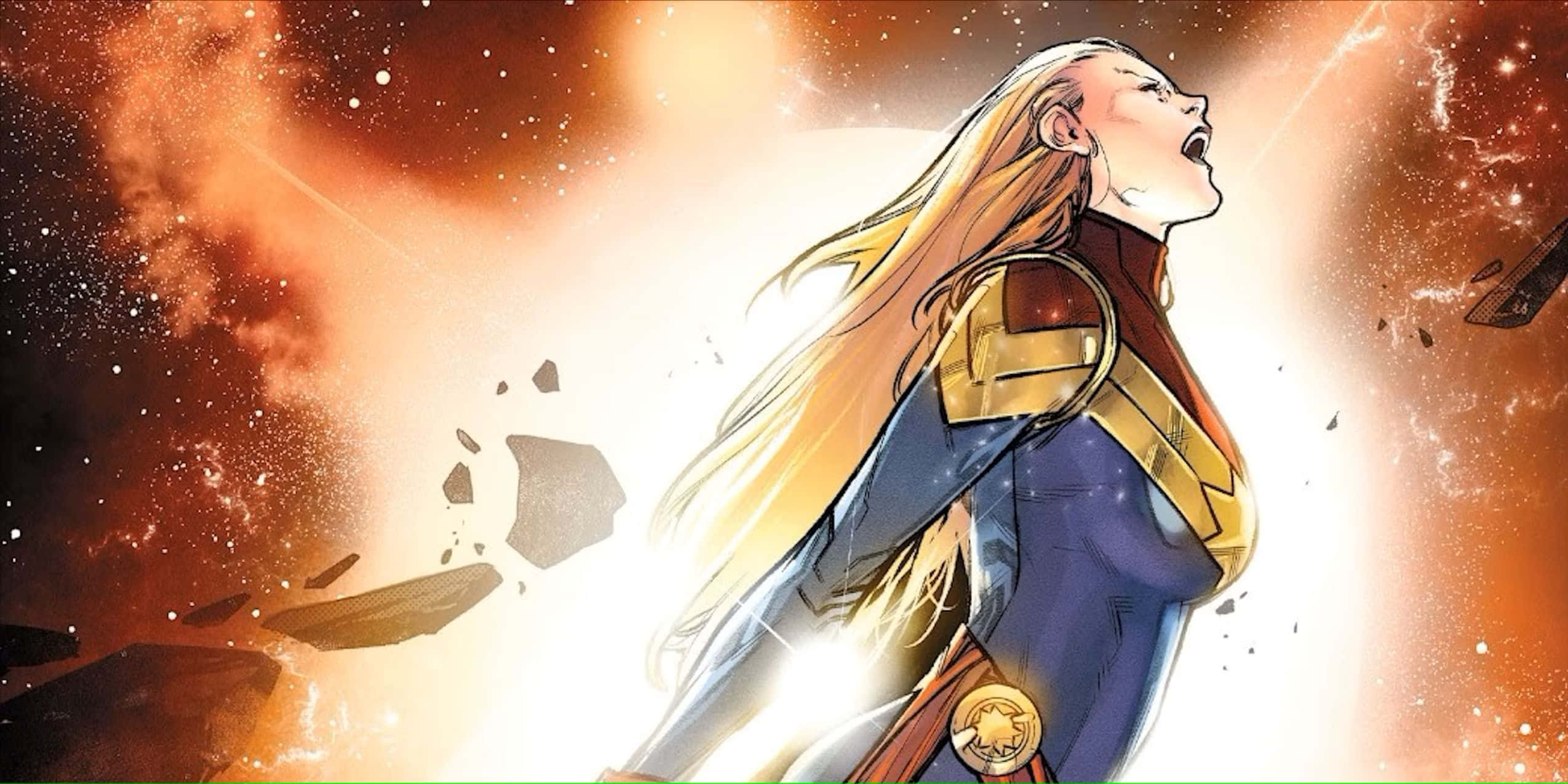 Captain Marvel, blue and gold suit, glowing emblem, Full HD Desktop Wallpaper