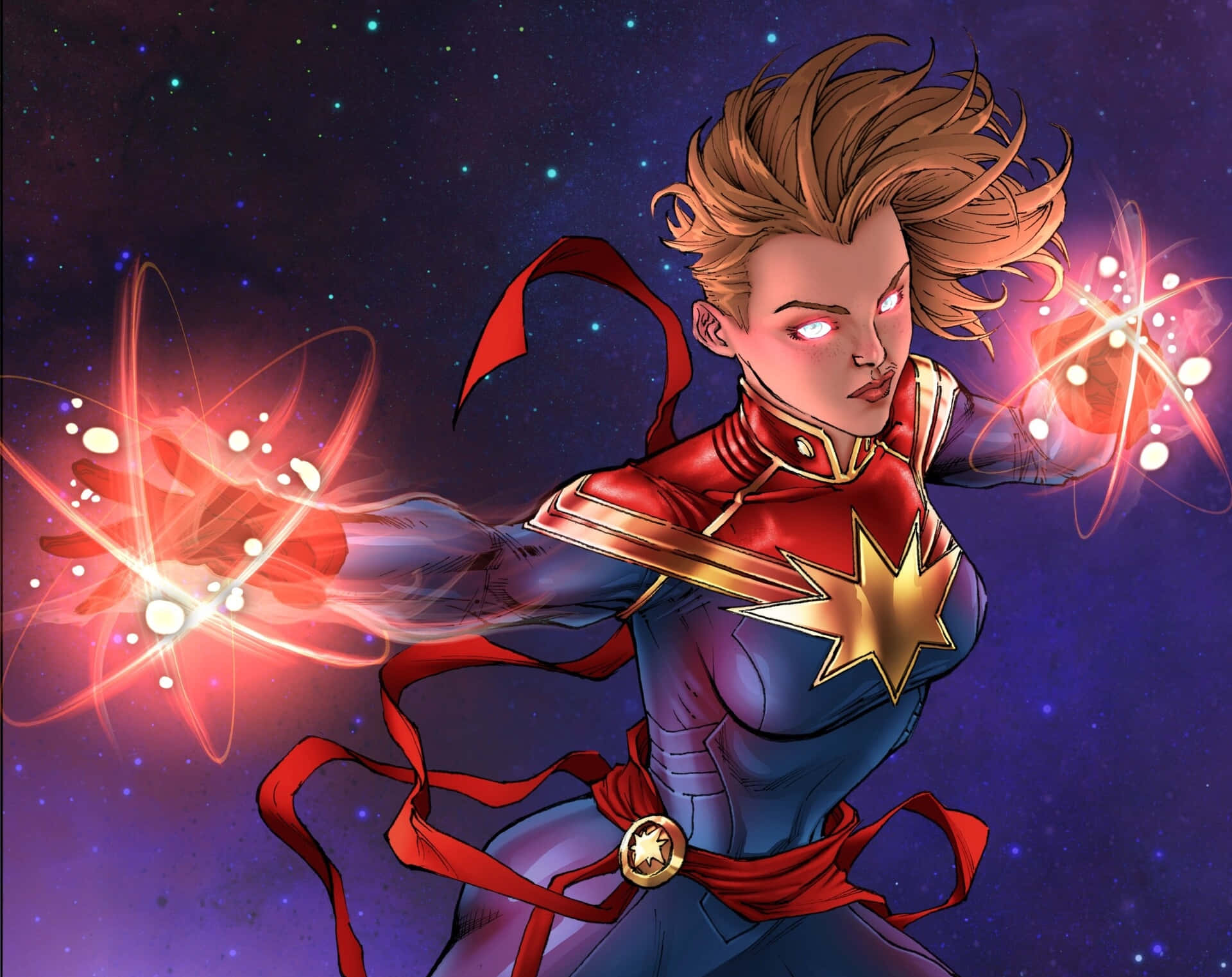 Captain Marvel, red and blue suit, glowing energy orbs, Full HD Desktop Wallpaper