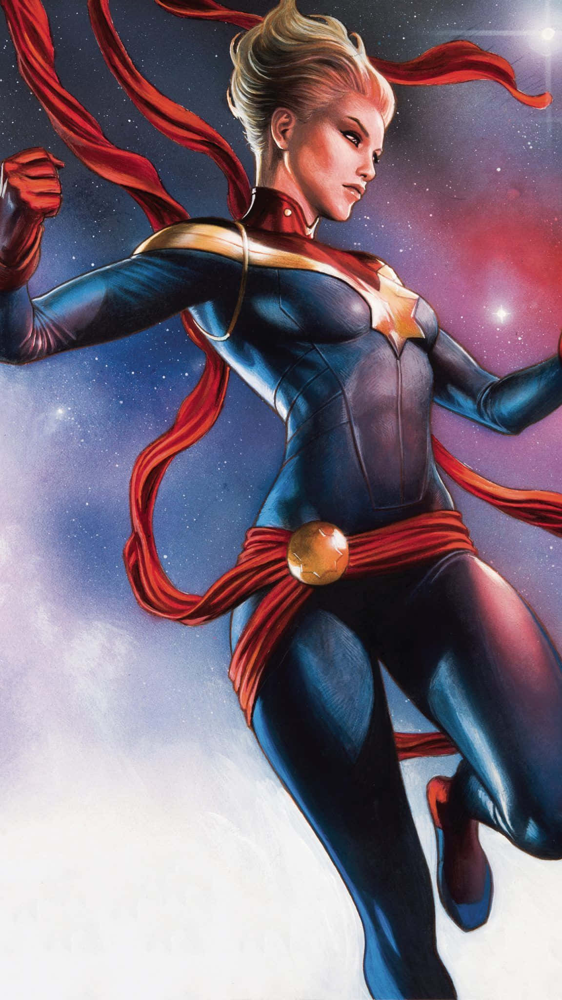 Captain Marvel, starry cosmic sky, red cape, Full HD Phone Wallpaper