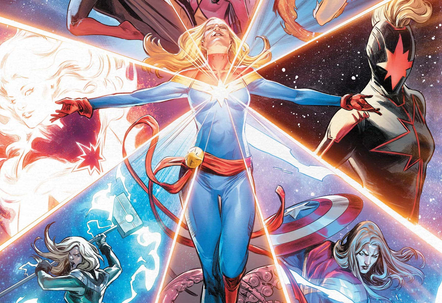 Captain Marvel, cosmic energy, arms outstretched, HD Desktop Wallpaper