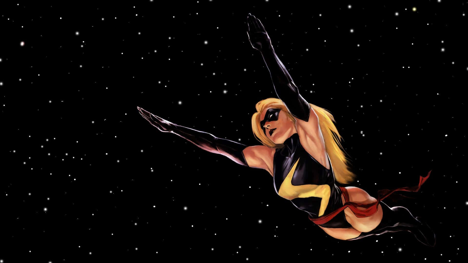 Captain Marvel, black and yellow suit, starfield, Full HD Desktop Wallpaper