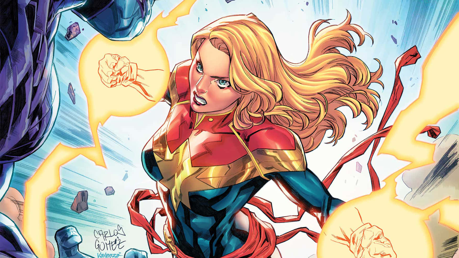 Captain Marvel, red gold and blue suit, glowing fists, Full HD Desktop Wallpaper