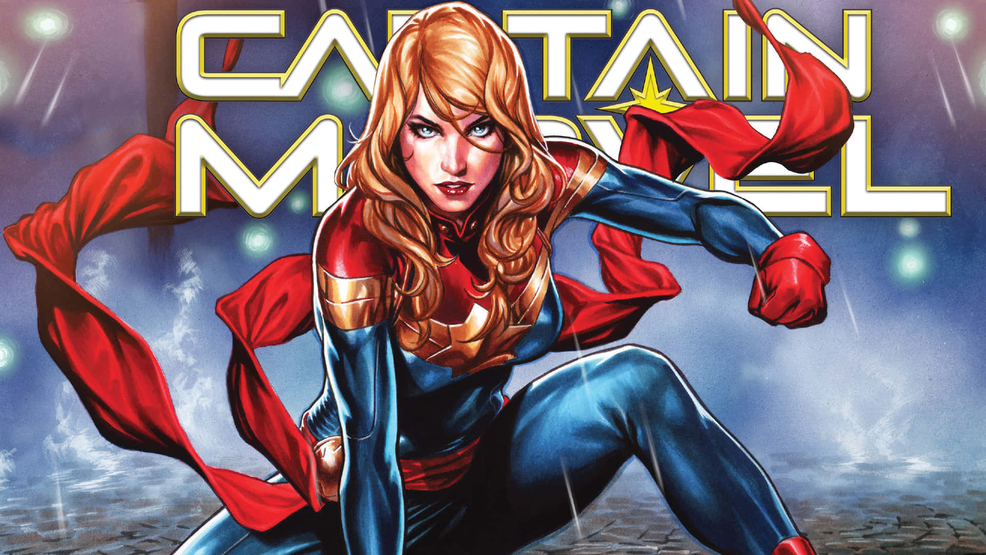 Captain Marvel, blue and red suit, stormy sky, Full HD Desktop Wallpaper