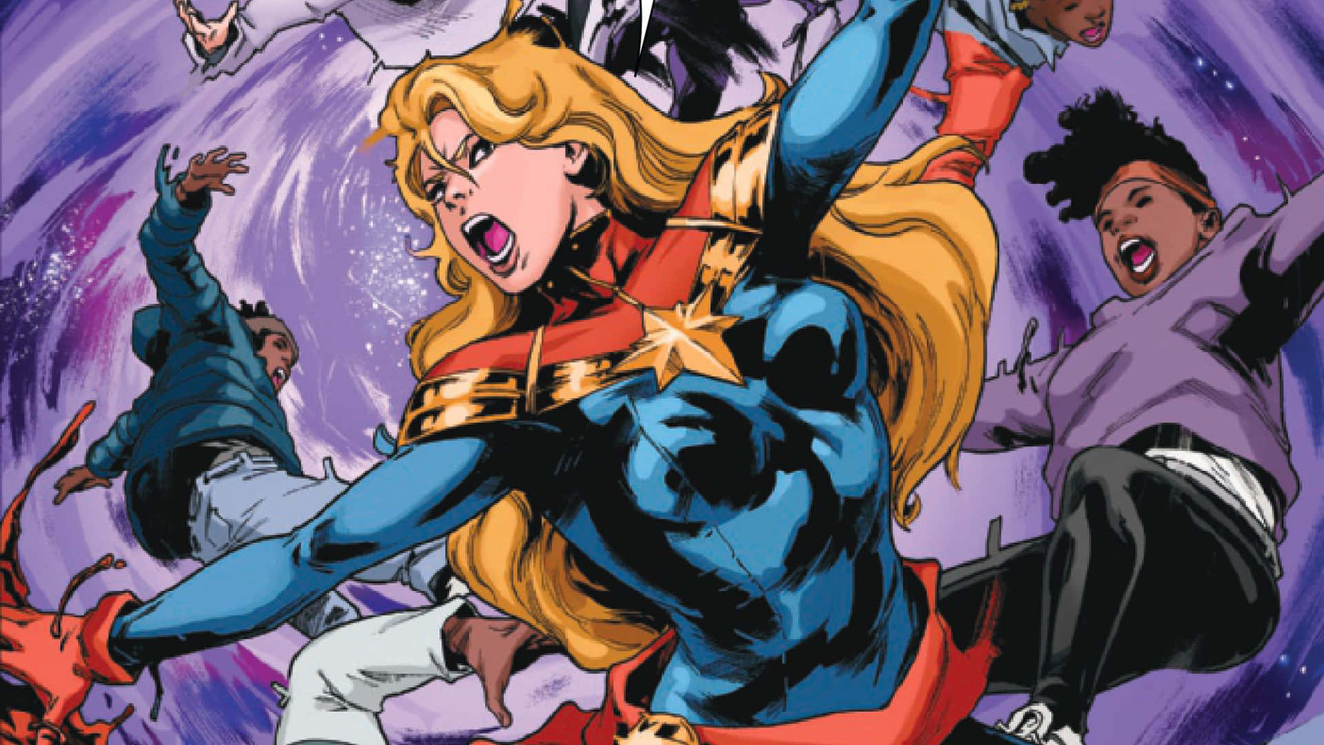 Captain Marvel, blue and red suit, gold star emblem, Full HD Desktop Wallpaper