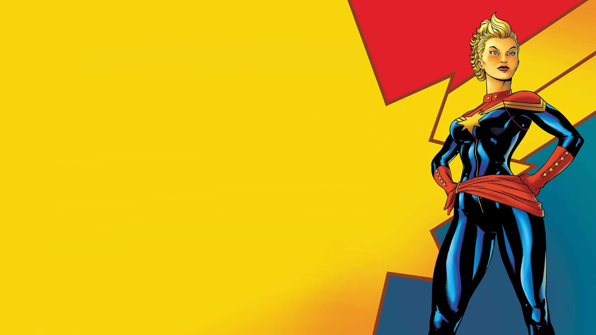 Captain Marvel, blue and red suit, yellow and red geometric background, Full HD Desktop Wallpaper