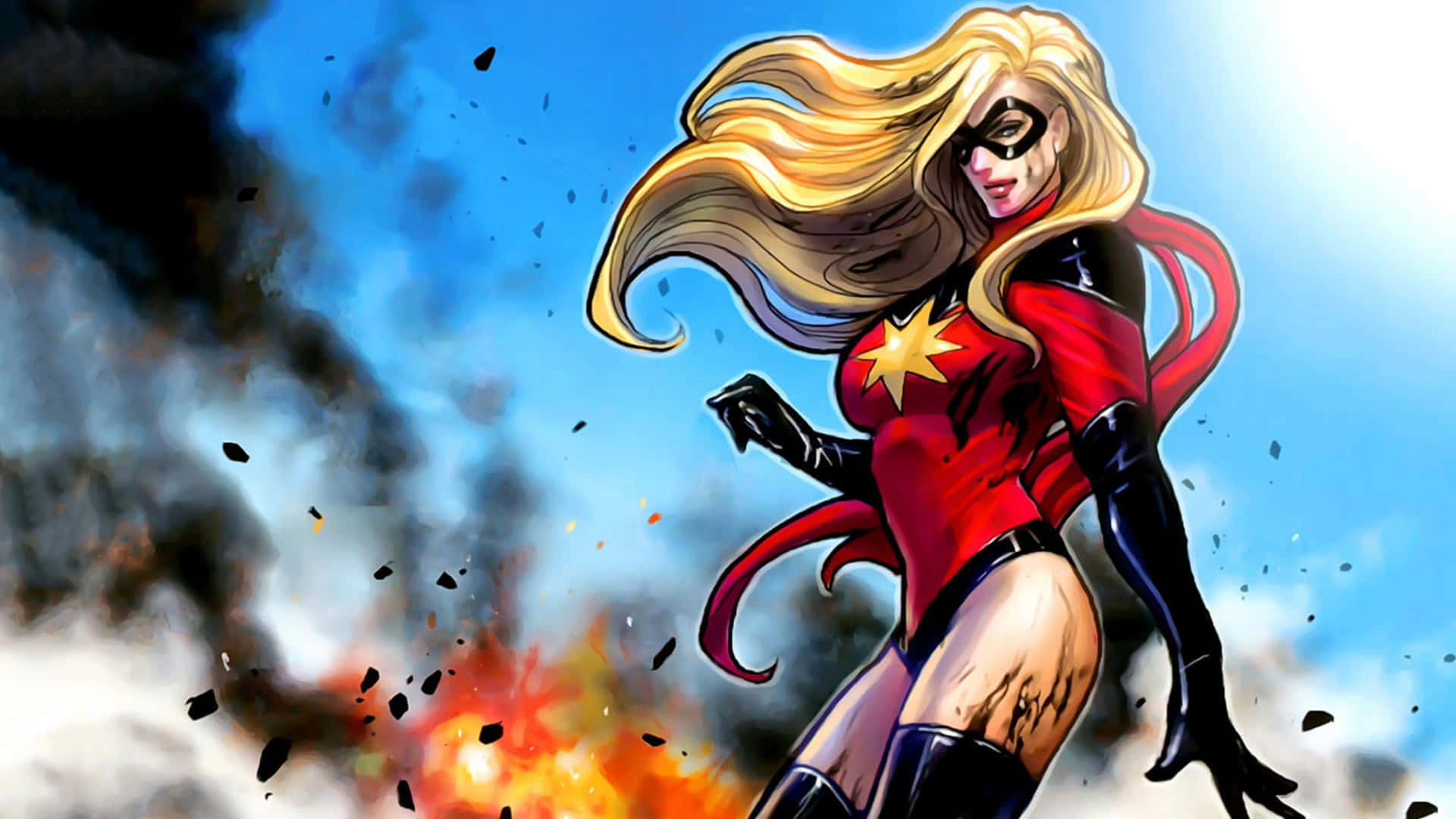 Captain Marvel, red suit, yellow star emblem, Full HD Desktop Wallpaper