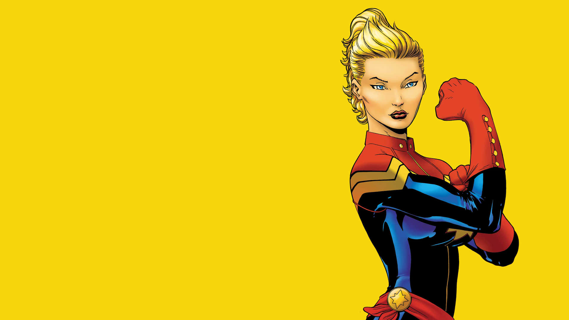 Captain Marvel, red blue and gold suit, solid yellow background, Full HD Desktop Wallpaper
