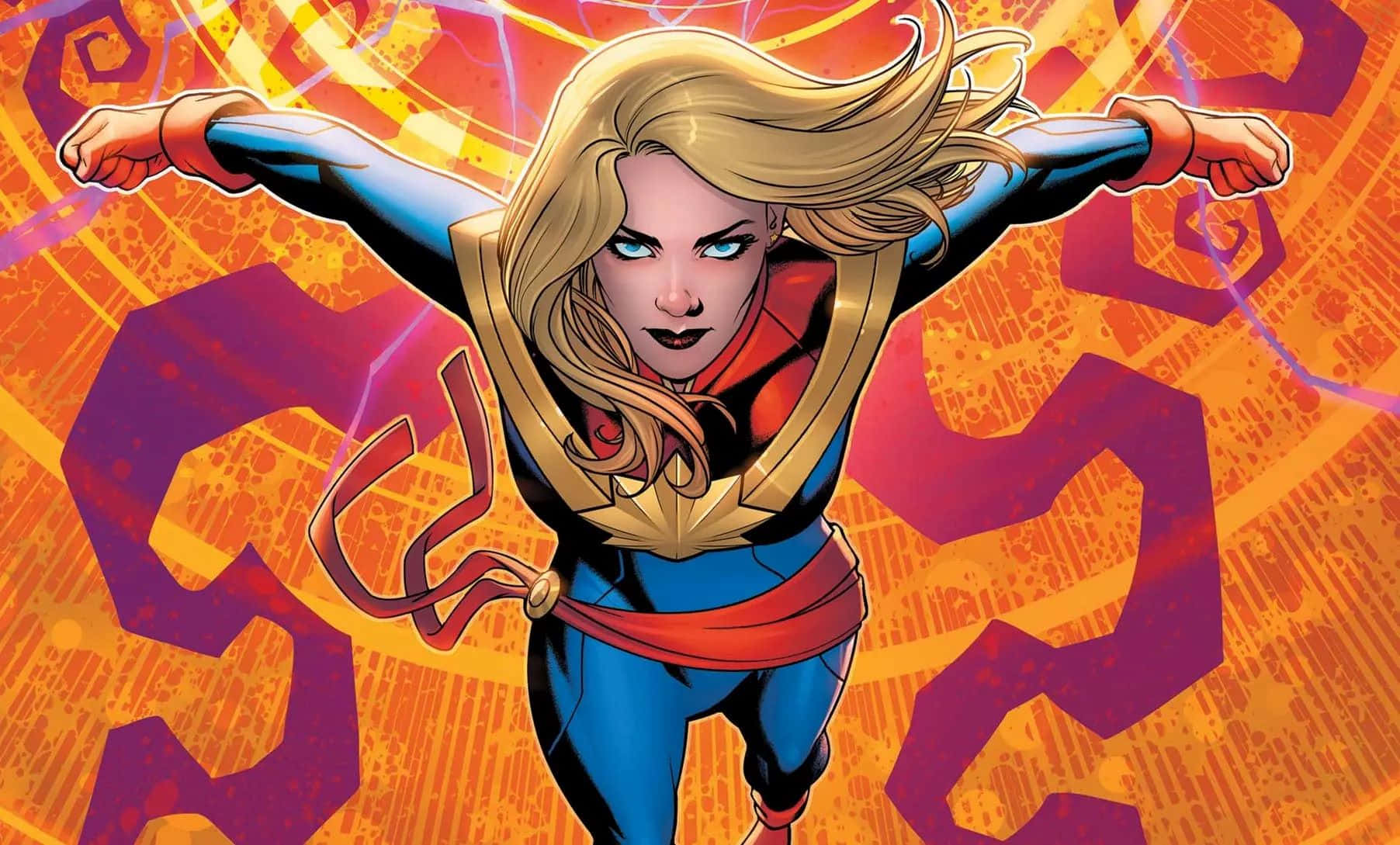 Captain Marvel, flying power display, vibrant orange and purple energy burst, HD Desktop Wallpaper