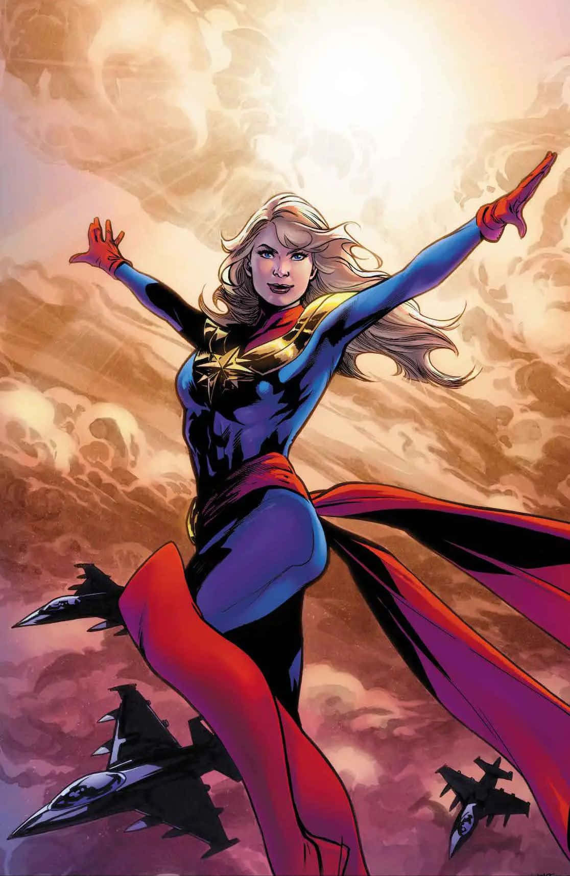 Captain Marvel, golden sky, fighter jets, HD Phone Wallpaper