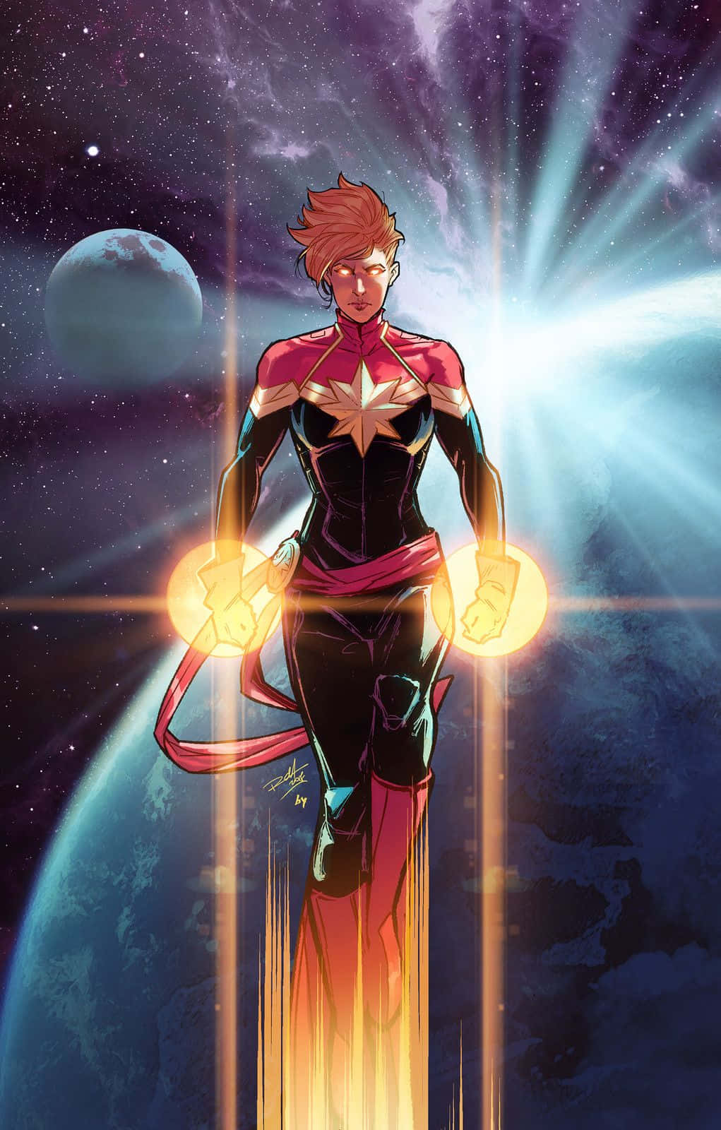 Captain Marvel, space, glowing orbs, HD Phone Wallpaper
