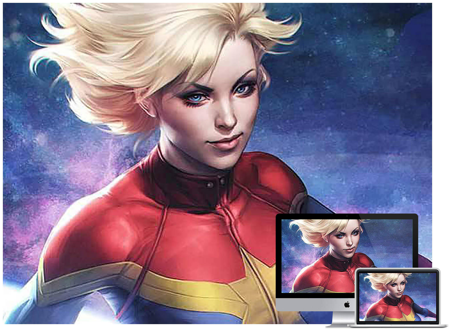 Captain Marvel, red yellow and blue suit, cosmic nebula backdrop, HD Desktop Wallpaper