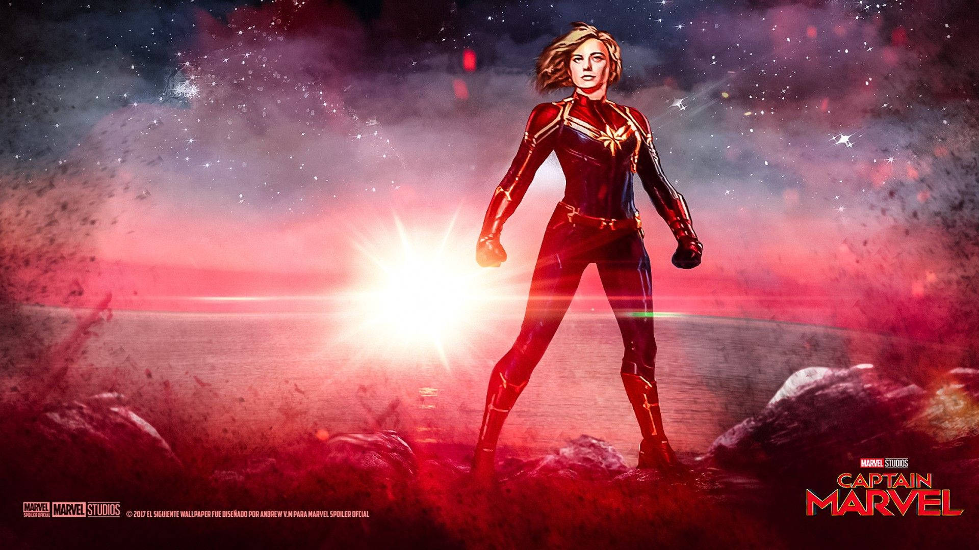 Captain Marvel, rocky planet, vibrant cosmic sky, Full HD Desktop Wallpaper