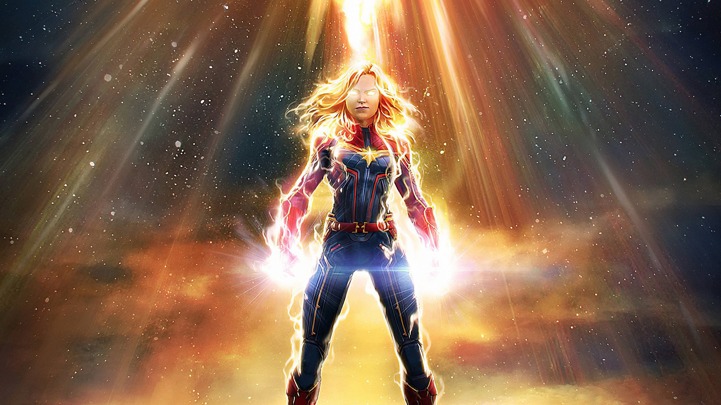 Captain Marvel, cosmic storm, radiant golden energy, Full HD Desktop Wallpaper