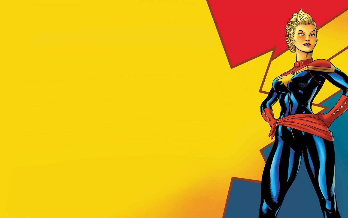 Captain Marvel, blue and red suit, yellow and red geometric background, HD Desktop Wallpaper
