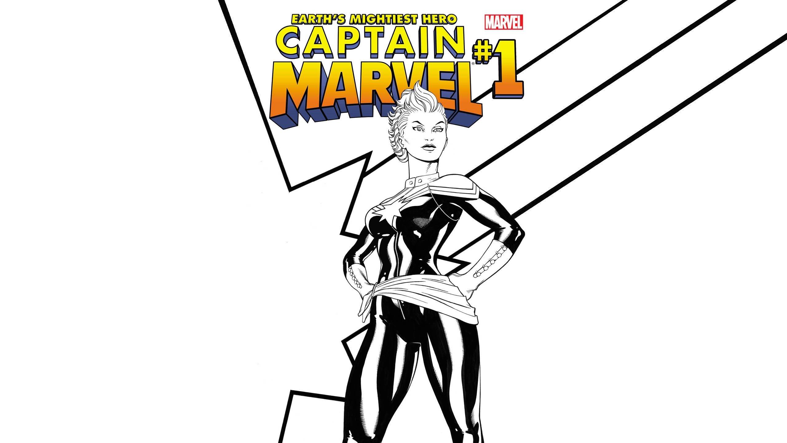 Captain Marvel, black and white suit, comic book title backdrop, 2K Desktop Wallpaper