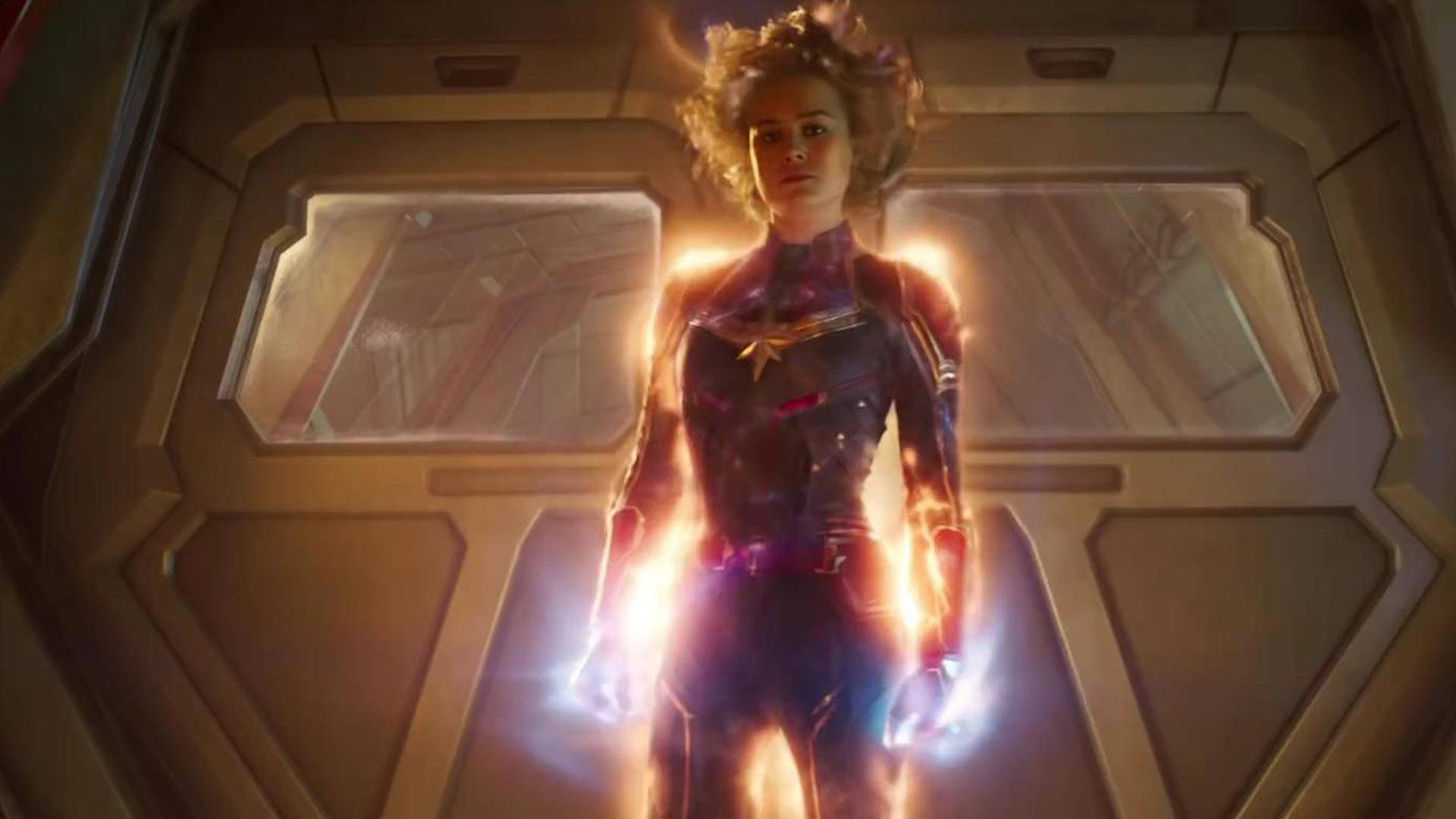 Captain Marvel, futuristic ship corridor, golden energy, Full HD Desktop Wallpaper