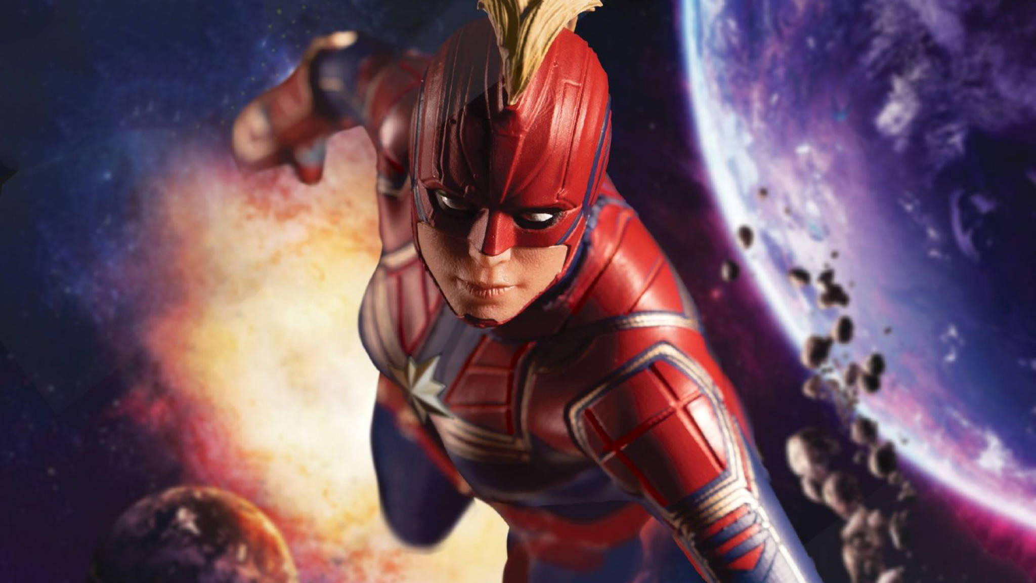 Captain Marvel, red and blue suit, cosmic space, Full HD Desktop Wallpaper
