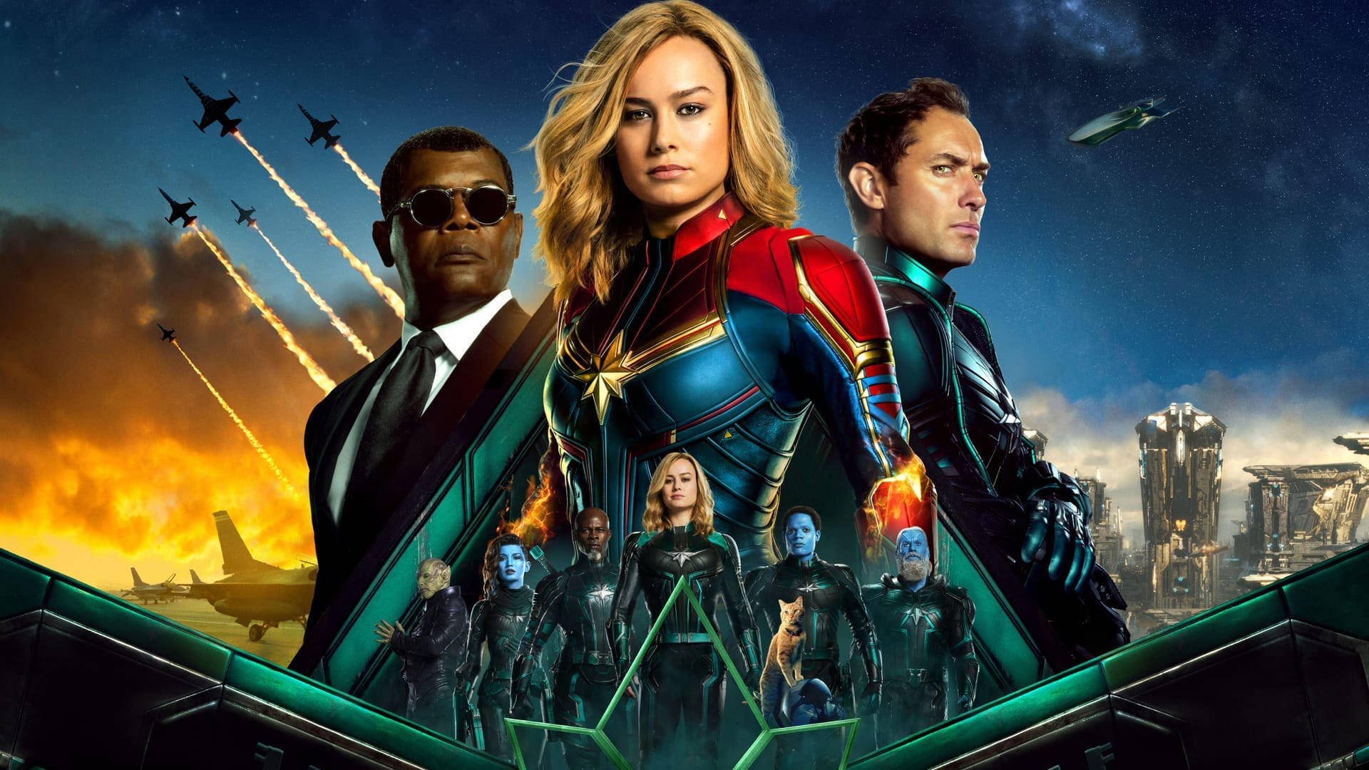 Captain Marvel, fiery sky, jets, Full HD Desktop Wallpaper