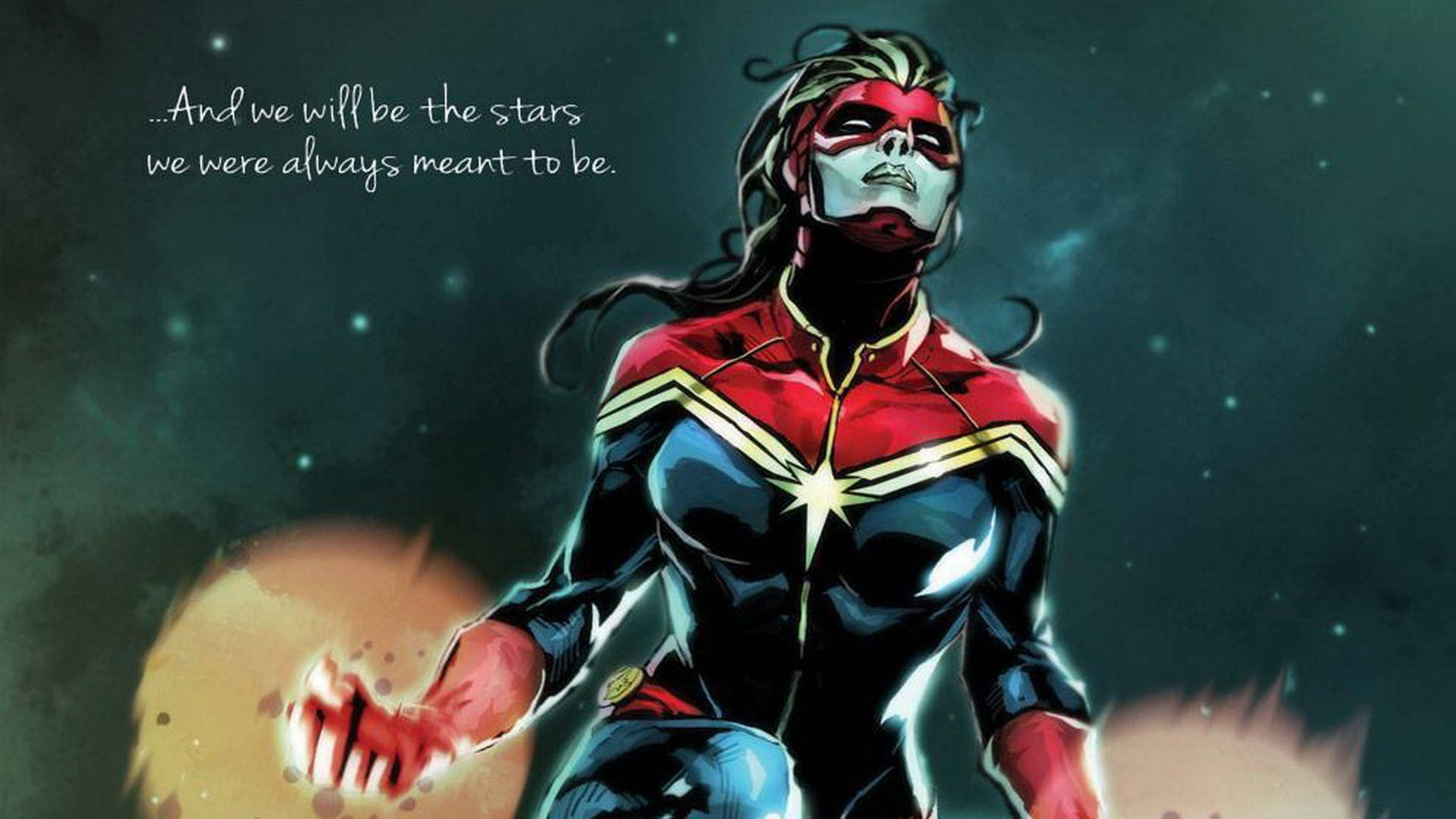 Captain Marvel, cosmic backdrop, glowing hands, Full HD Desktop Wallpaper