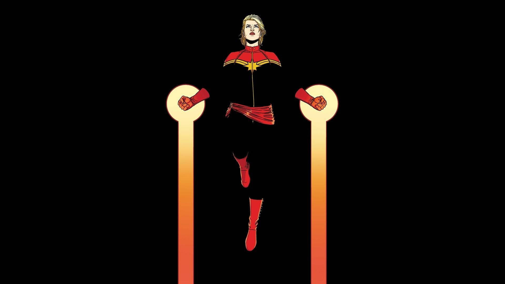 Captain Marvel, glowing orange pillars, black background, Full HD Desktop Wallpaper