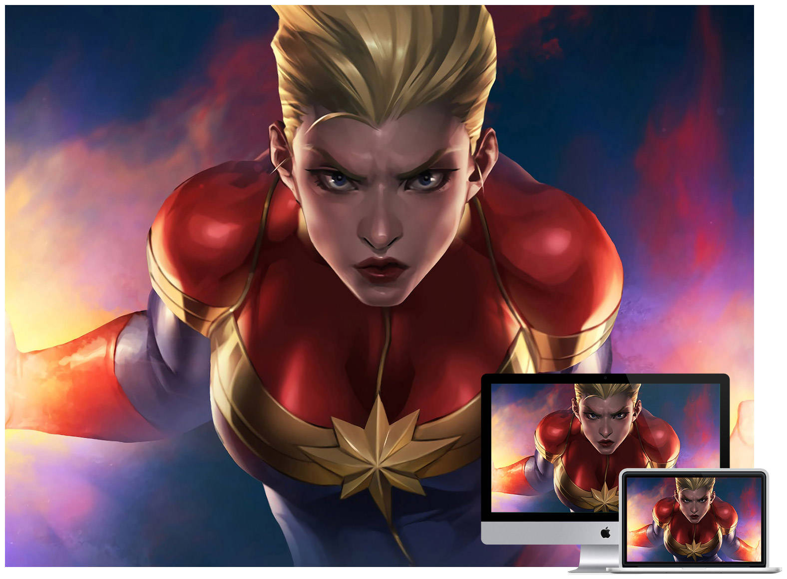 Captain Marvel, red gold and blue suit, fiery cosmic background, HD Desktop Wallpaper