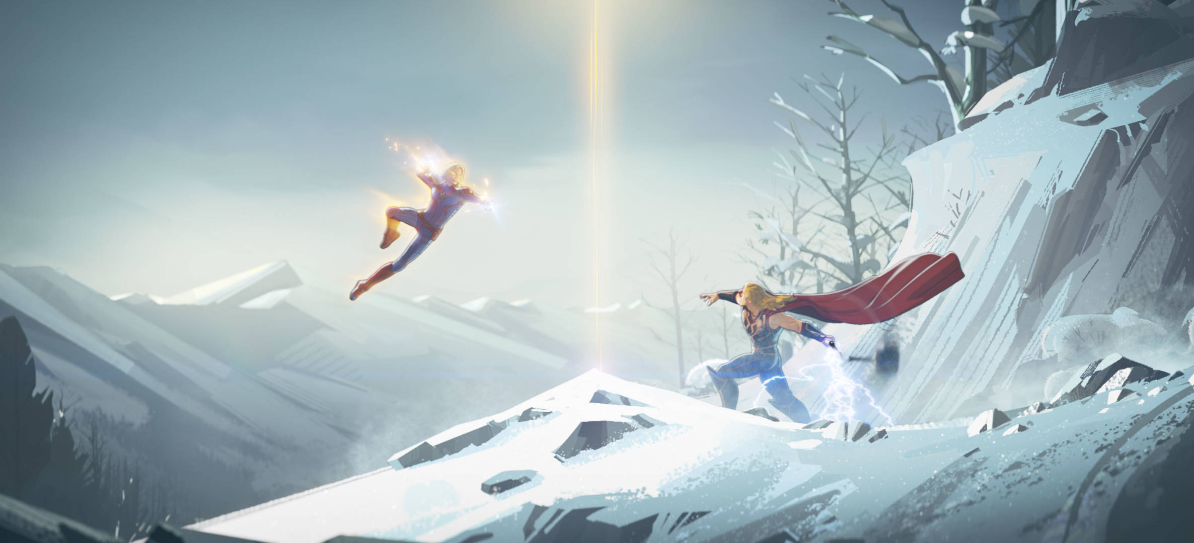 Captain Marvel, snowy mountains, cliffside, Full HD Desktop Wallpaper