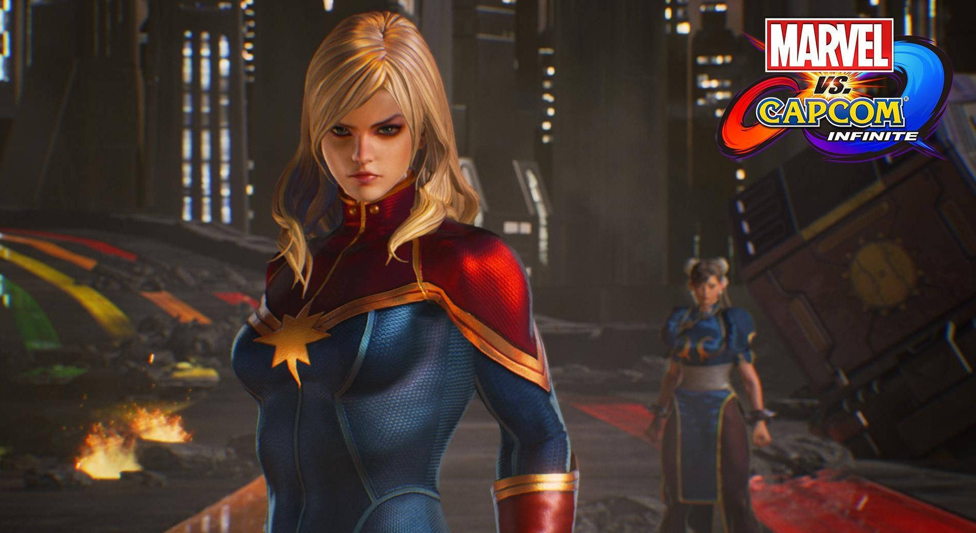 Captain Marvel, customized laptop, ruined futuristic arena, HD Desktop Wallpaper