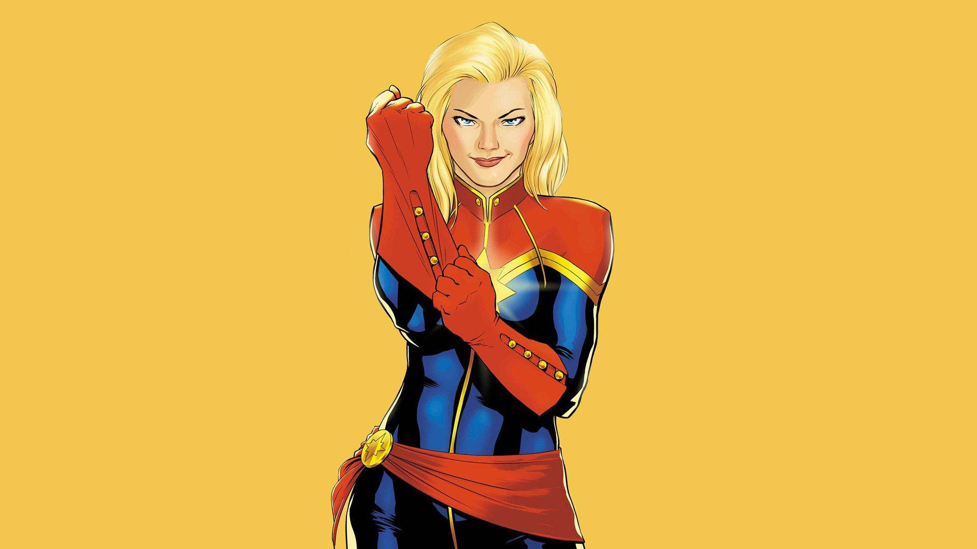 Captain Marvel, red blue and gold suit, yellow background, Full HD Desktop Wallpaper
