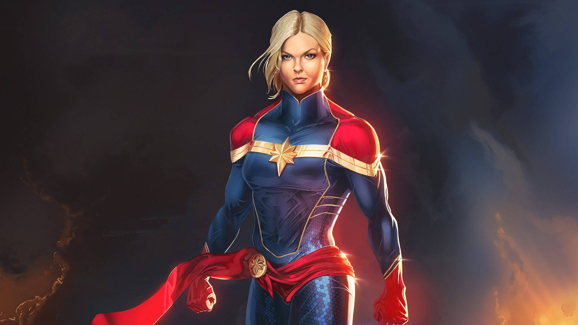 Captain Marvel, blue and red suit, glowing star emblem, Full HD Desktop Wallpaper