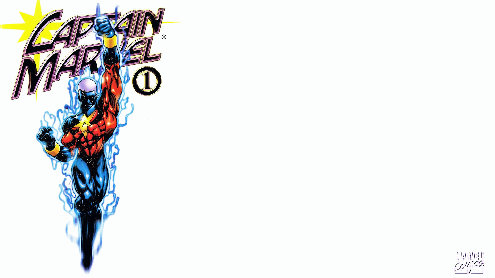 Captain Marvel, red and blue suit, glowing star emblem, Full HD Desktop Wallpaper