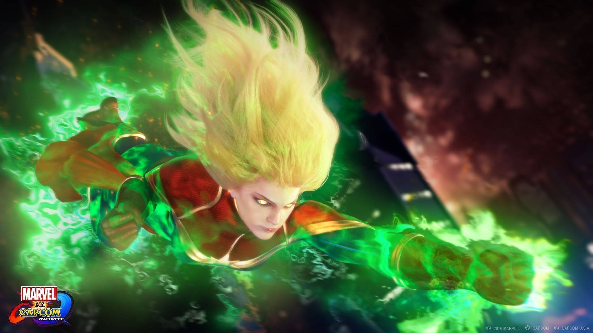 Captain Marvel, blonde female superhero, red and gold armor, Full HD Desktop Wallpaper