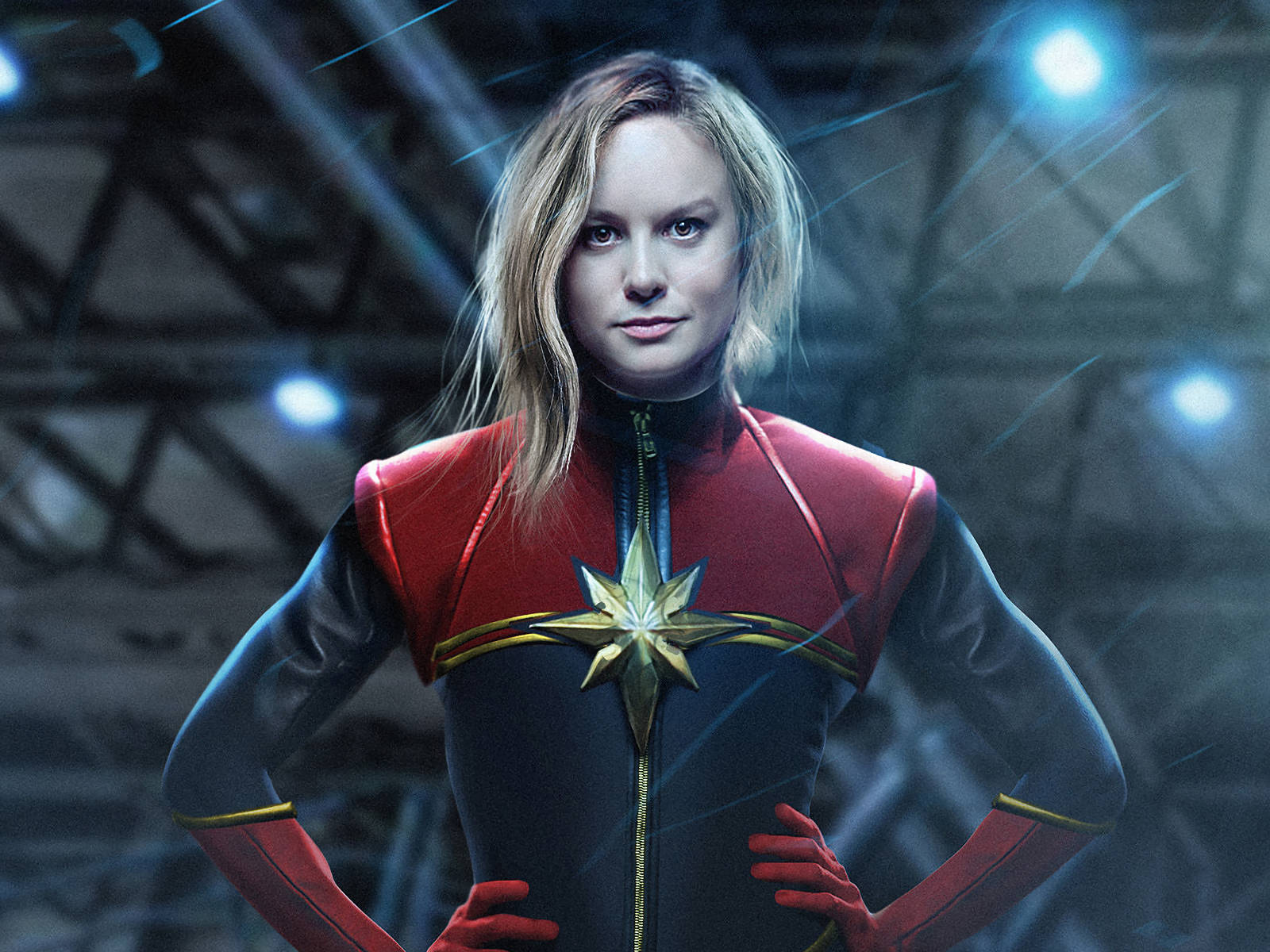 Captain Marvel, red and blue suit, gold star emblem, HD Desktop Wallpaper
