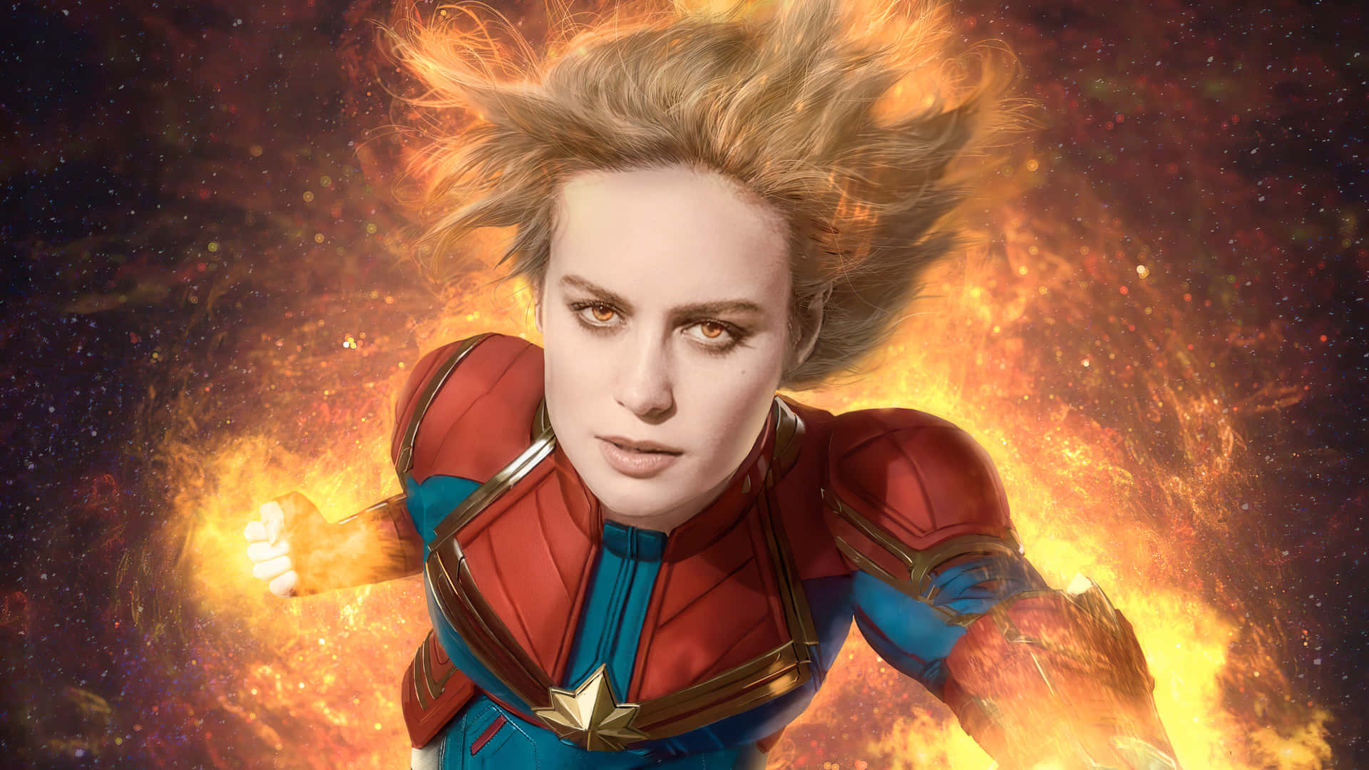 Captain Marvel, red and blue suit, fiery cosmic energy, Full HD Desktop Wallpaper