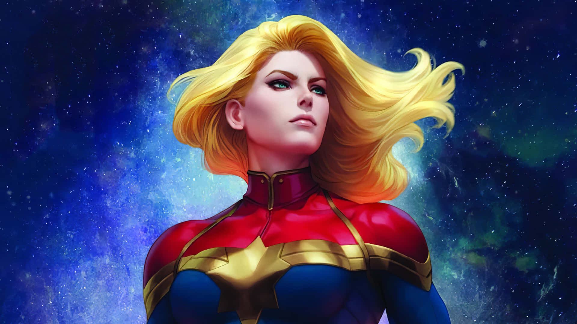 Captain Marvel, cosmic backdrop, swirling nebulae, Full HD Desktop Wallpaper