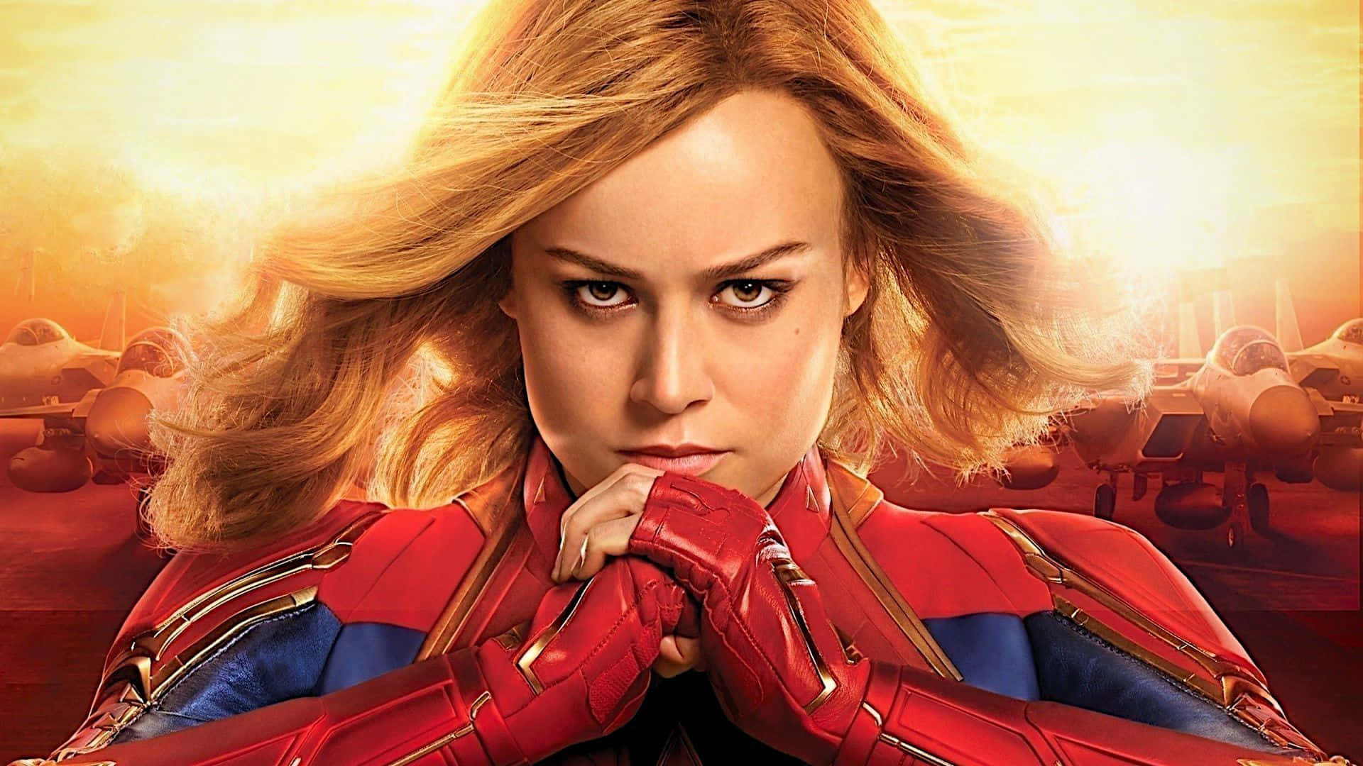 Captain Marvel, red and blue suit, fighter jets, Full HD Desktop Wallpaper