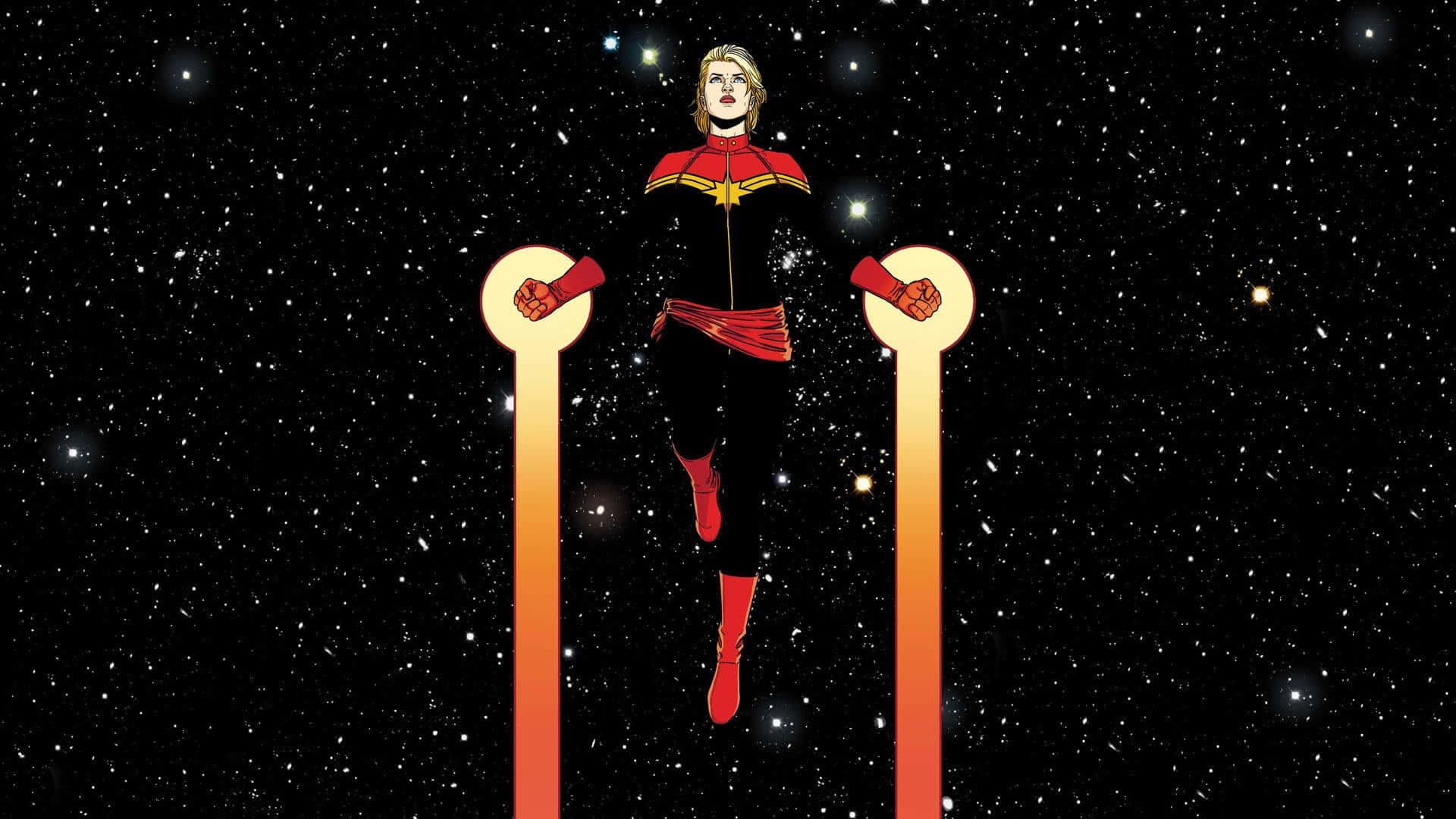Captain Marvel, glowing pillars, starry cosmic backdrop, Full HD Desktop Wallpaper