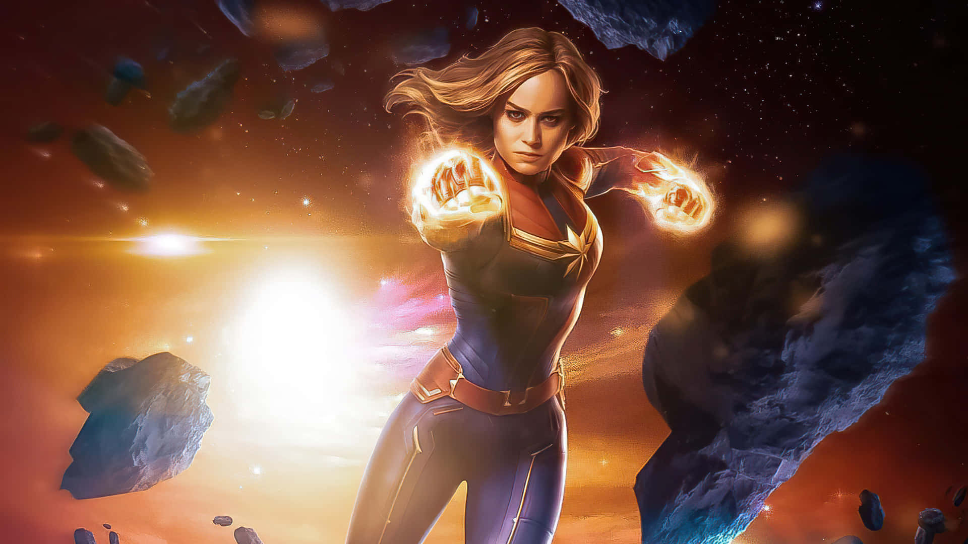 Captain Marvel, space, glowing fists, Full HD Desktop Wallpaper