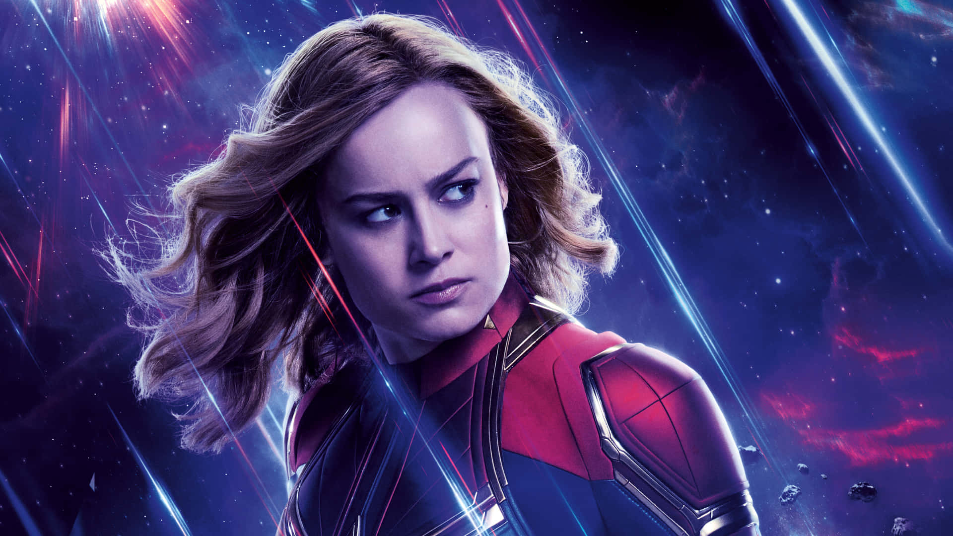 Captain Marvel, red and blue suit, cosmic backdrop, Full HD Desktop Wallpaper