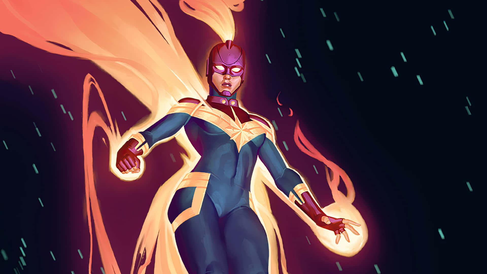 Captain Marvel, blue and gold suit, fiery energy, Full HD Desktop Wallpaper