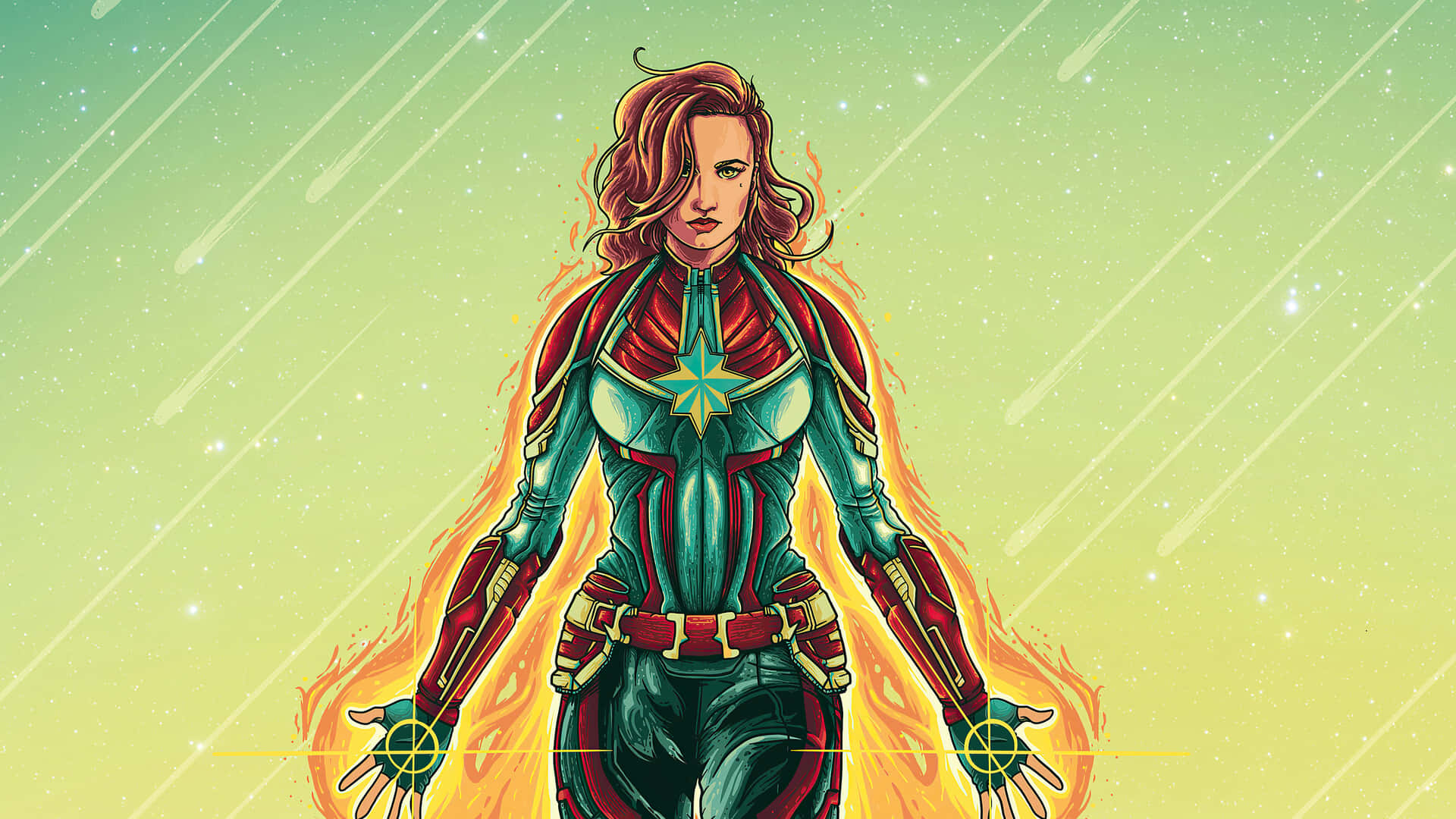 Captain Marvel, starry green sky, fiery energy, Full HD Desktop Wallpaper