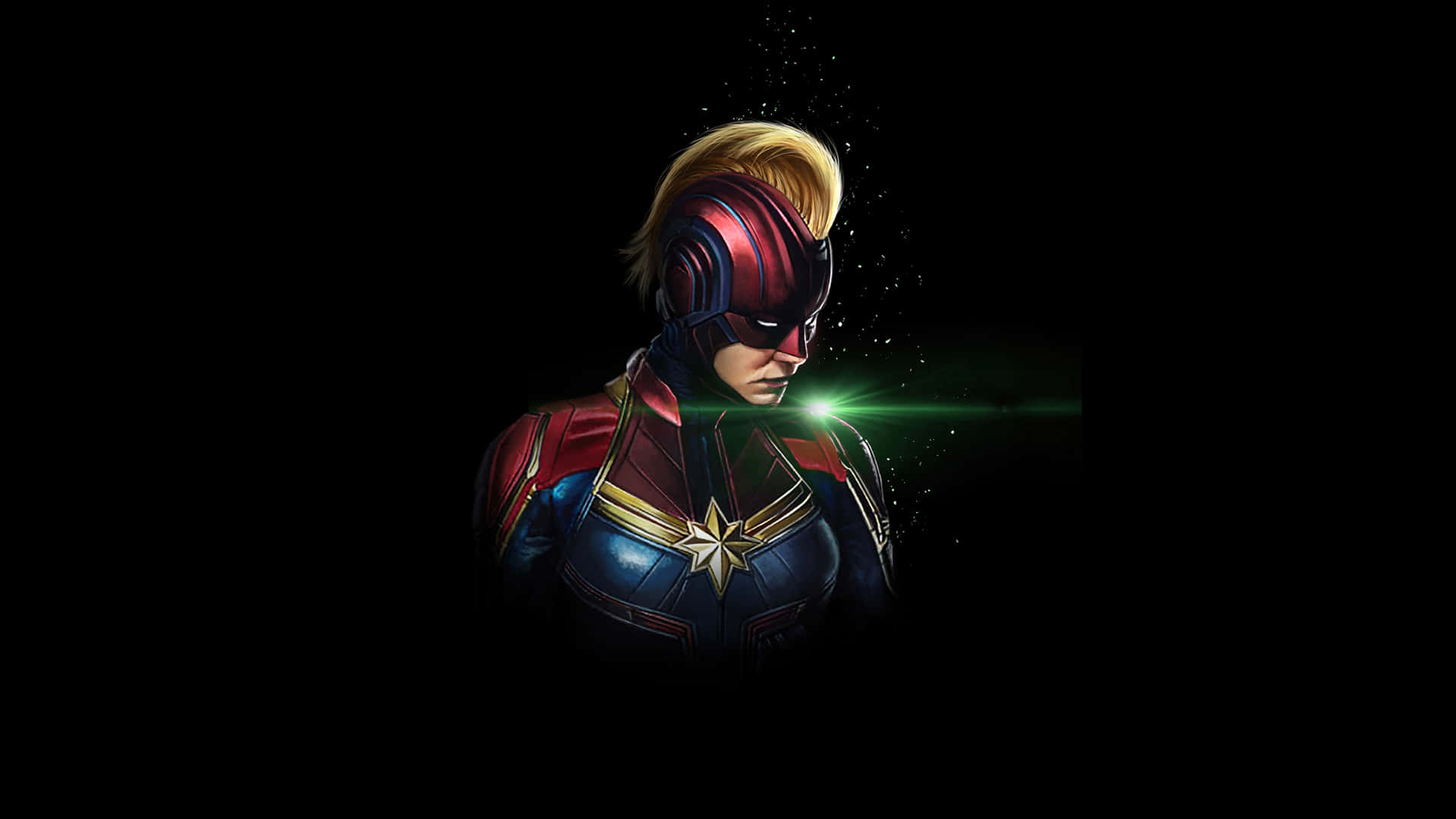 Captain Marvel, red blue and gold suit, glowing green energy, Full HD Desktop Wallpaper
