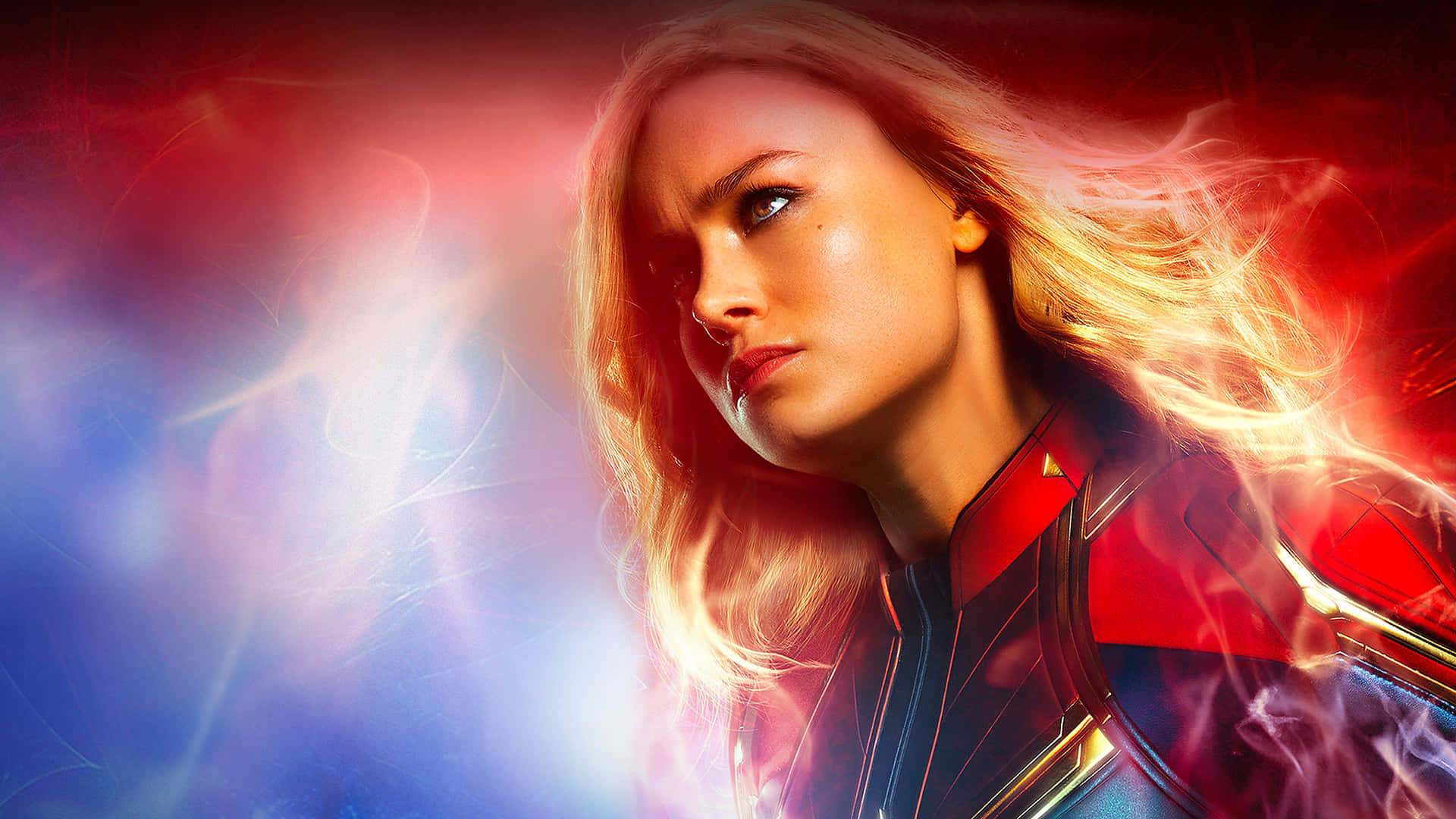 Captain Marvel, red and blue suit, glowing energy, Full HD Desktop Wallpaper
