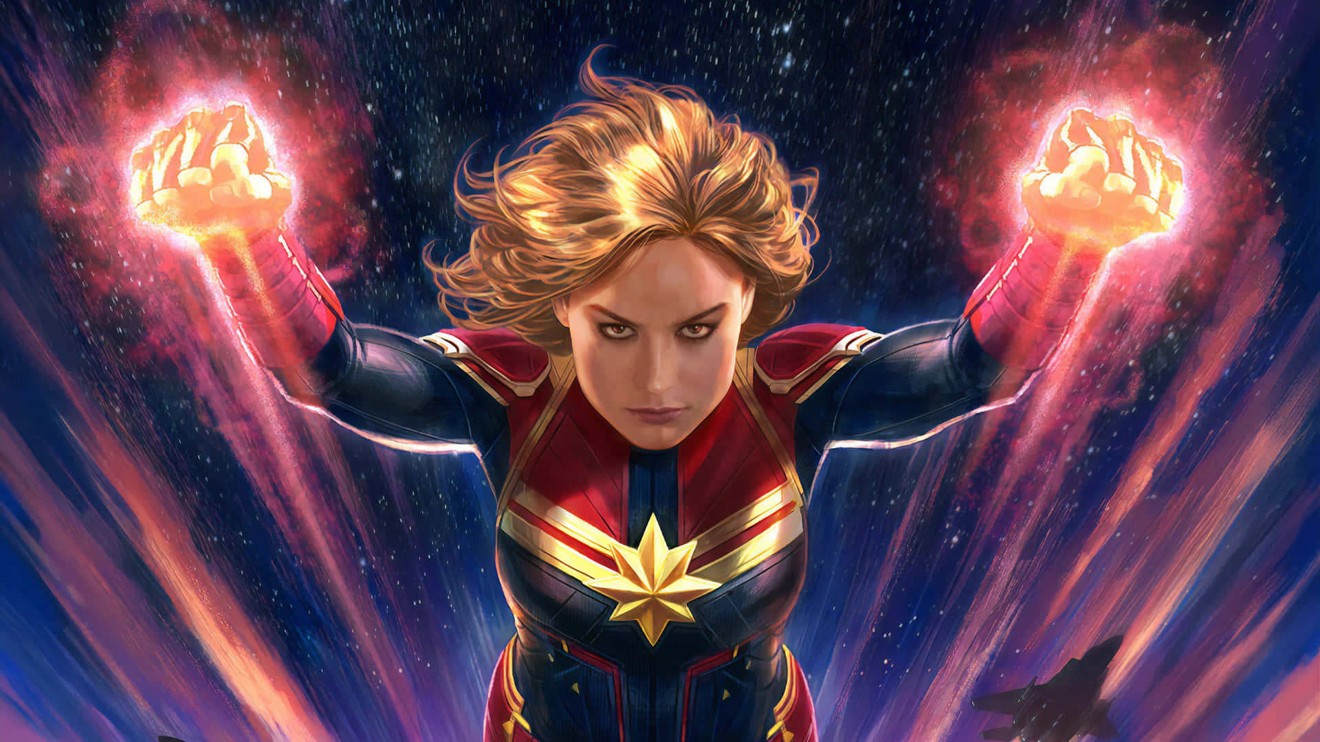 Captain Marvel, space, glowing fists, Full HD Desktop Wallpaper