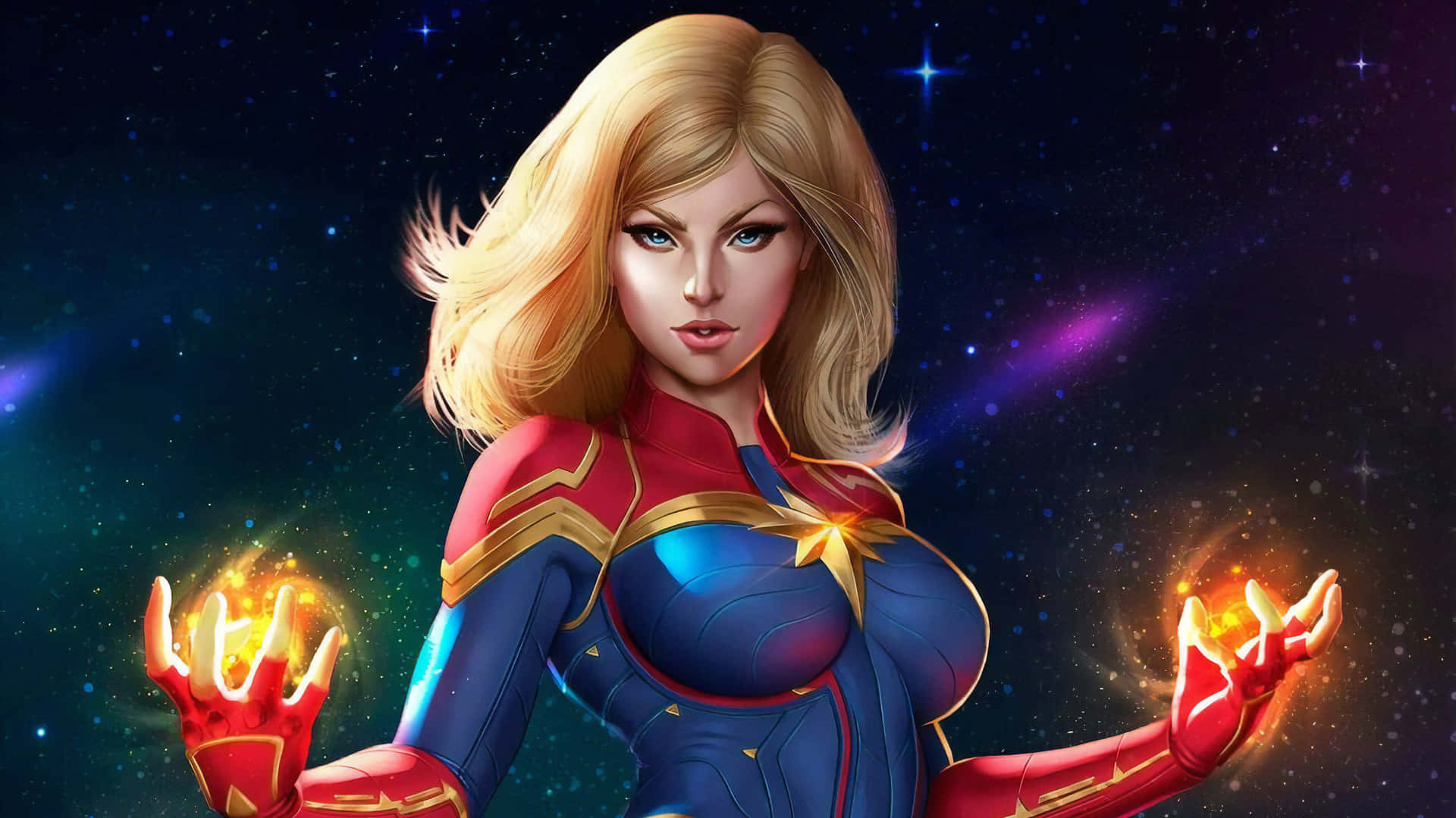 Captain Marvel, cosmic setting, glowing energy orbs, Full HD Desktop Wallpaper